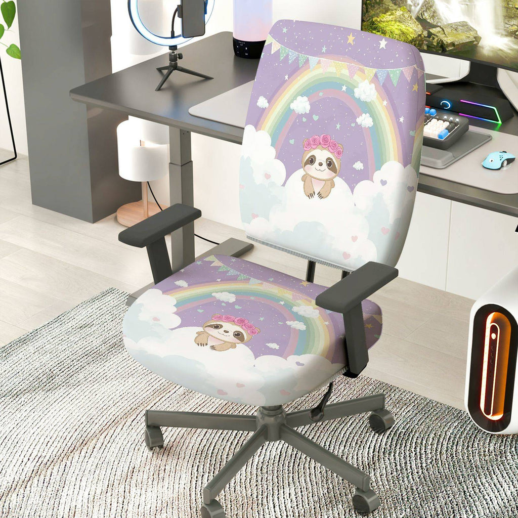 2-Piece Adorable Sloth Rainbow Cloud Cute Dreamy  Computer Chair Cover Set, Seat and Backrest