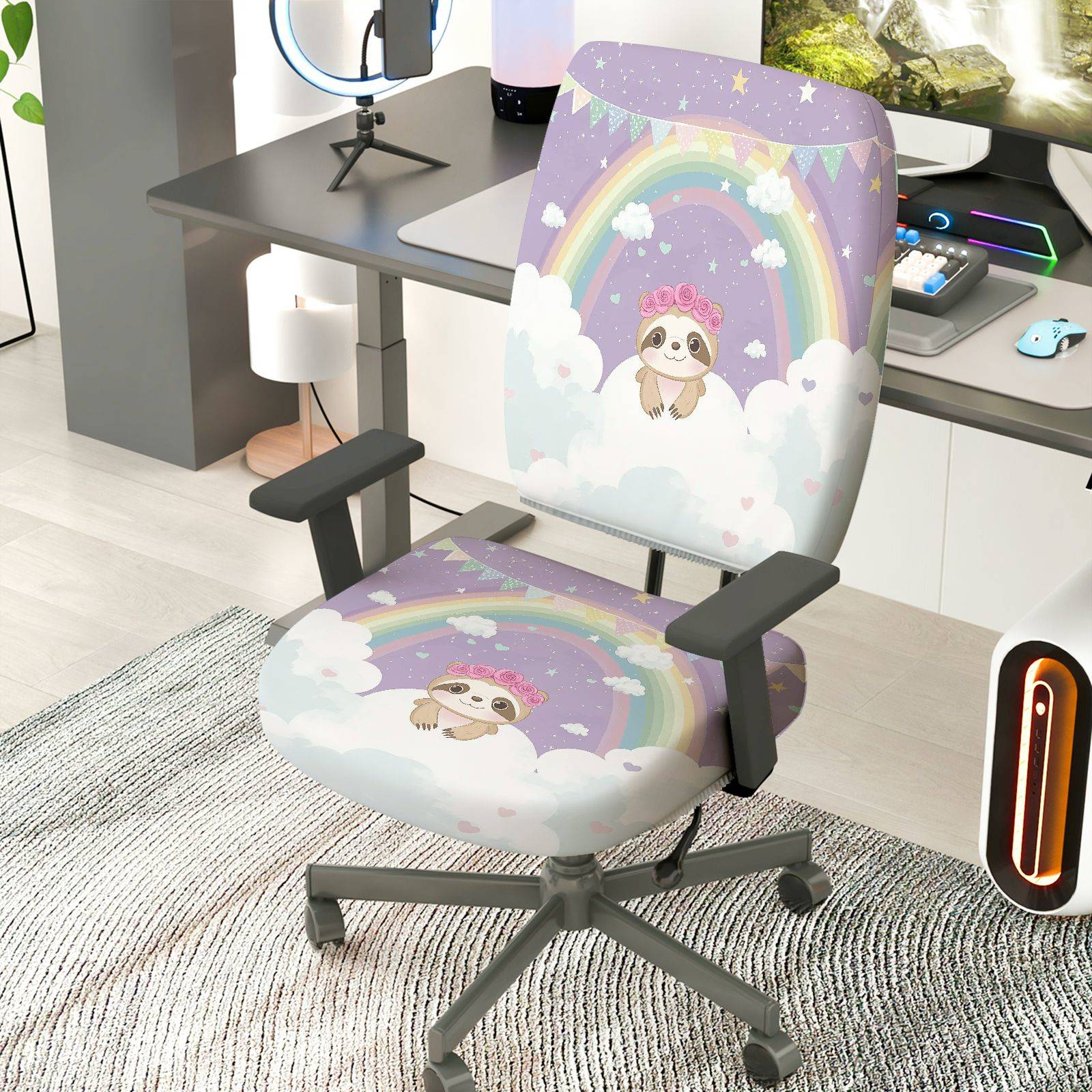 2-Piece Adorable Sloth Rainbow Cloud Cute Dreamy  Computer Chair Cover Set, Seat and Backrest