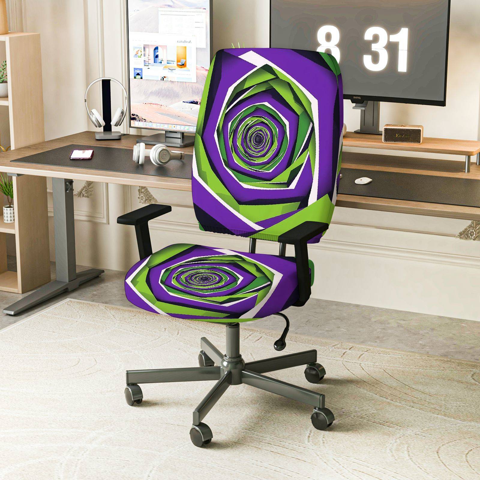 2-Piece Geometric Spiral Vortex Purple Green Creative Pattern  Computer Chair Cover Set, Seat and Backrest
