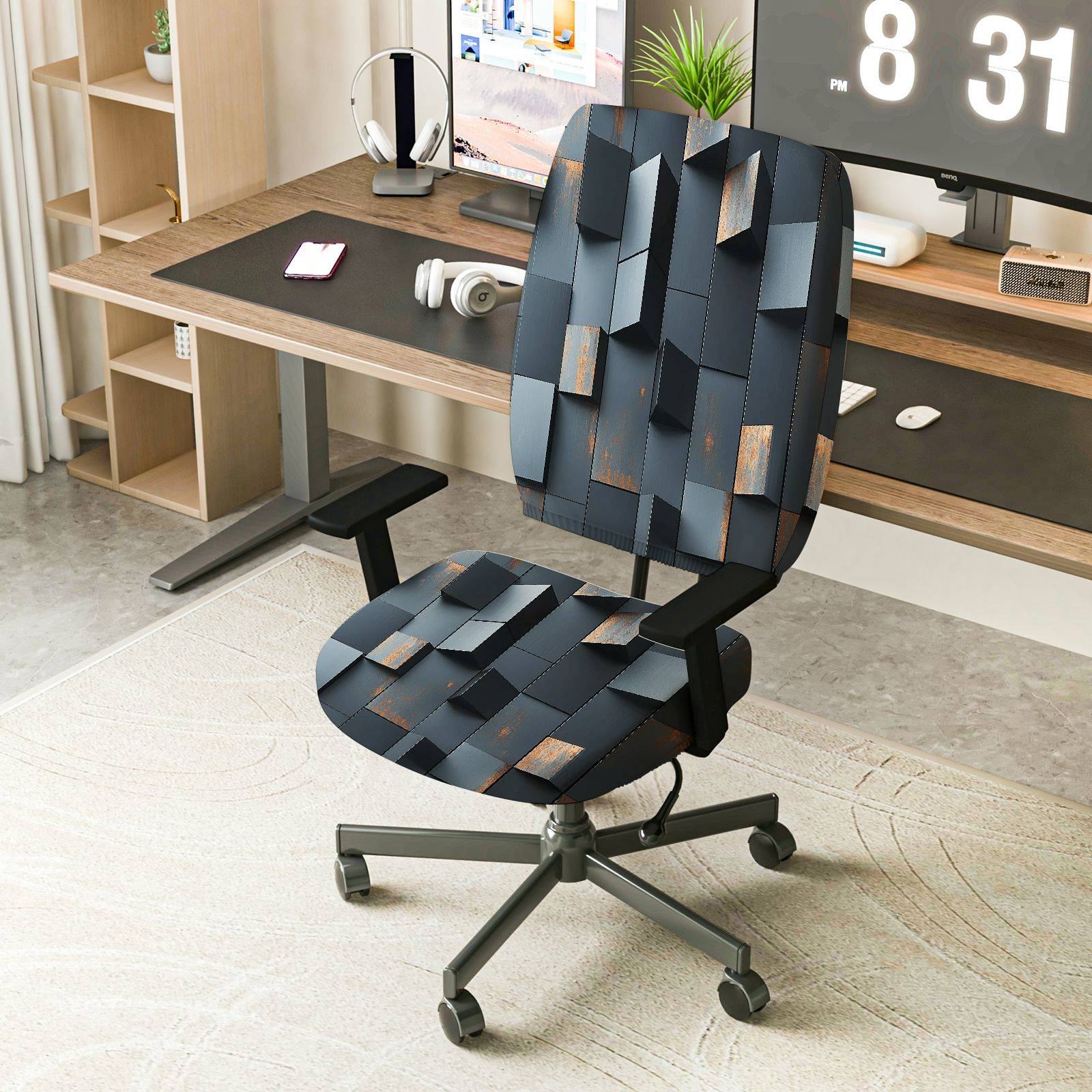 2-Piece Modern Geometric Pattern Dark Tone  Computer Chair Cover Set, Seat and Backrest