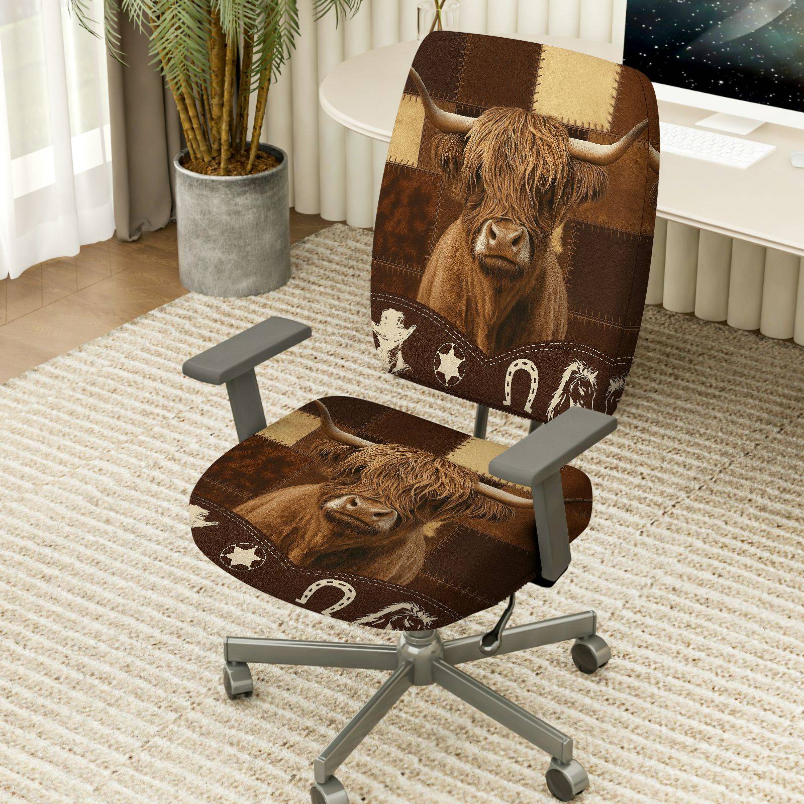 2-Piece Cow Western Farm Rustic Animal Country  Computer Chair Cover Set, Seat and Backrest