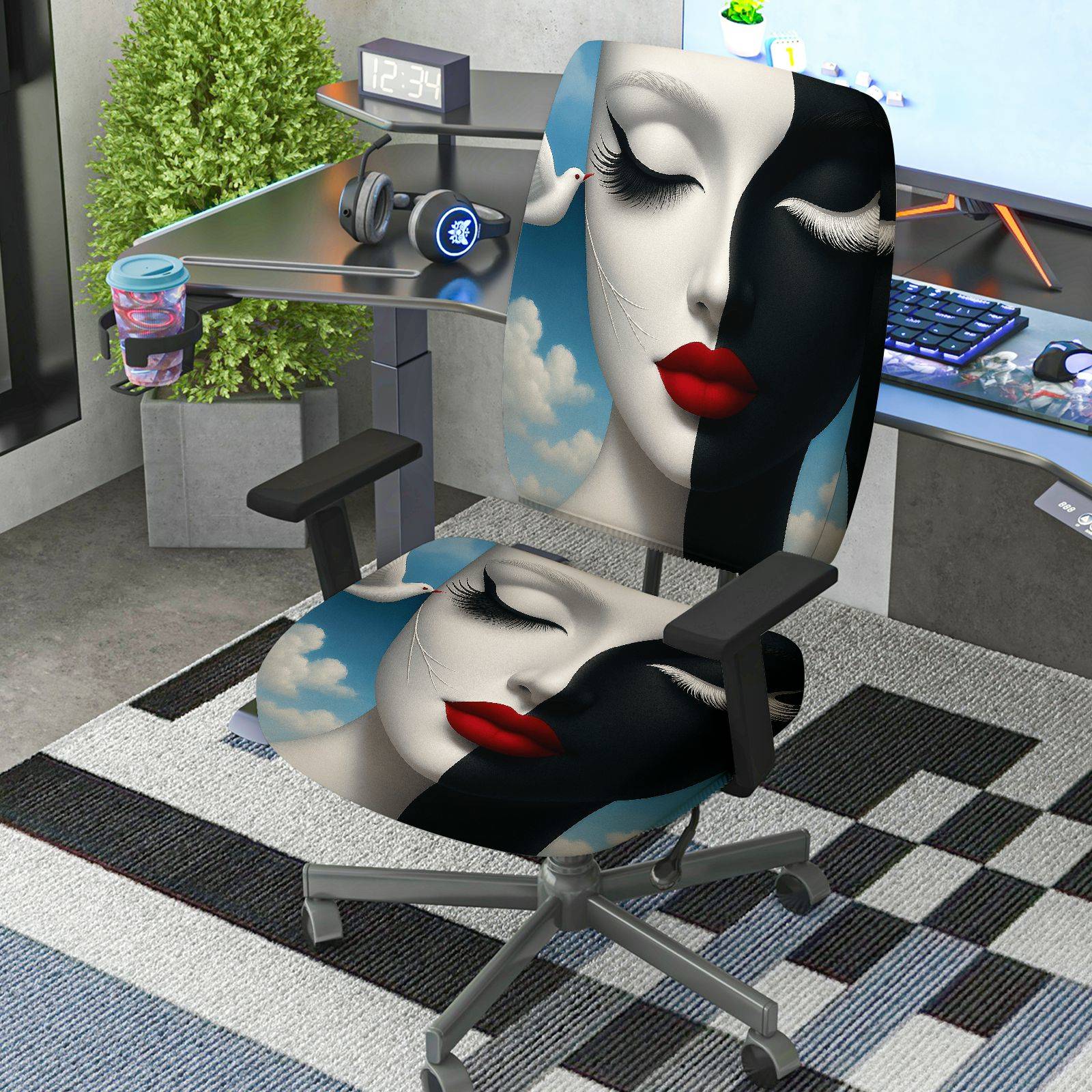 2-Piece Artistic Abstract Cloud Face Modern Lip  Computer Chair Cover Set, Seat and Backrest