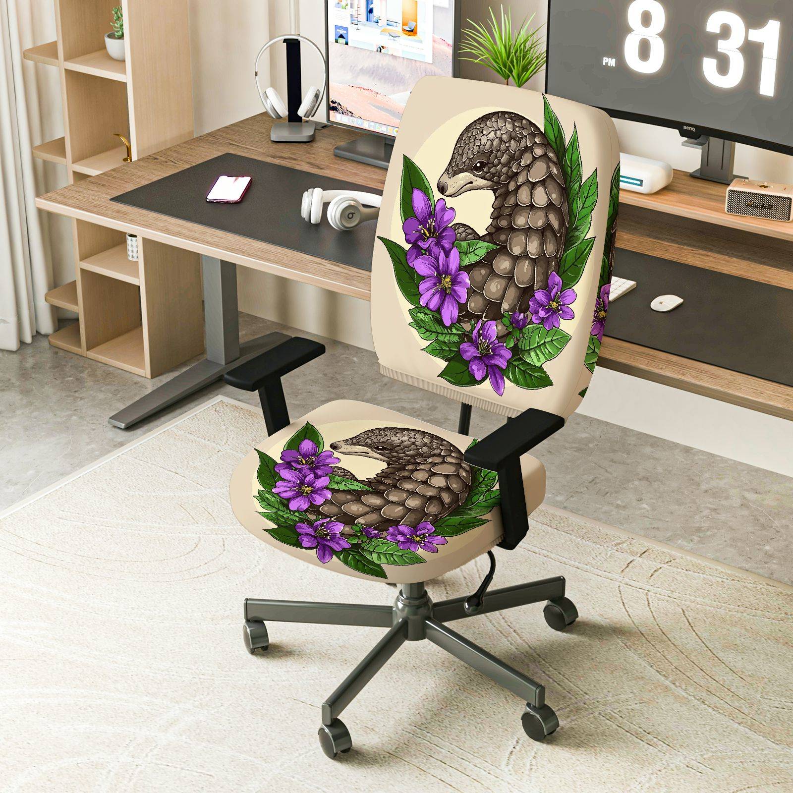 2-Piece Animal Floral Artistic Decorative  Computer Chair Cover Set, Seat and Backrest