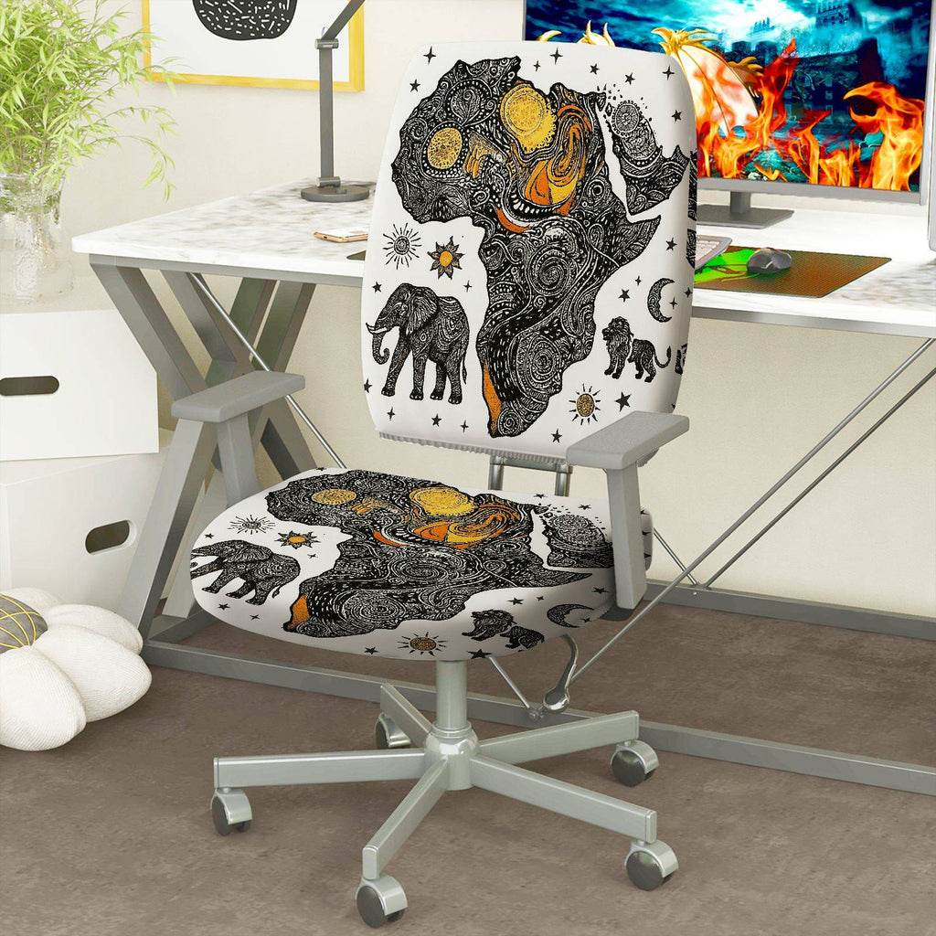 2-Piece African Continent Elephant Star Sun Moon  Computer Chair Cover Set, Seat and Backrest