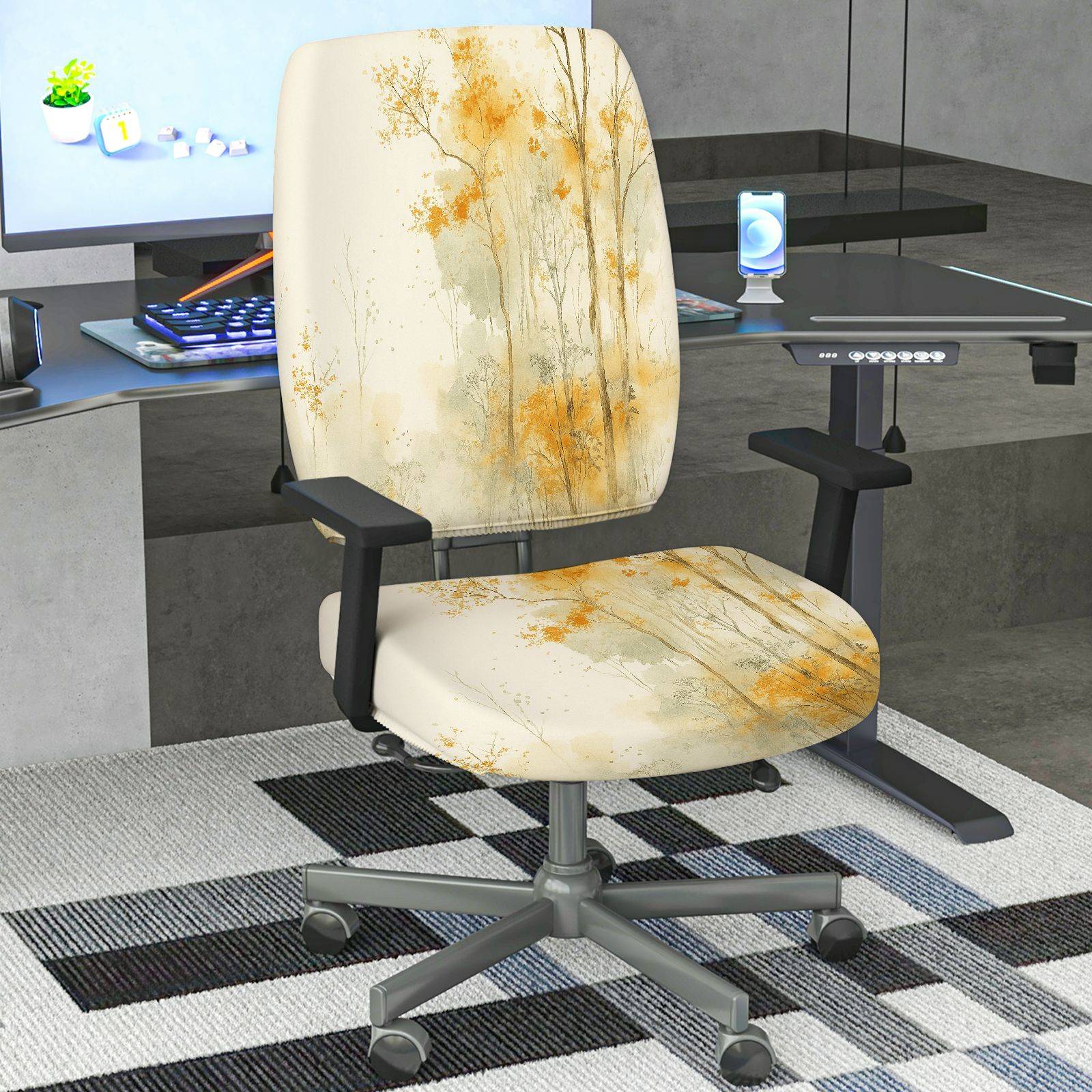 2-Piece Autumn Scenic Forest Tree Artistic  Computer Chair Cover Set, Seat and Backrest