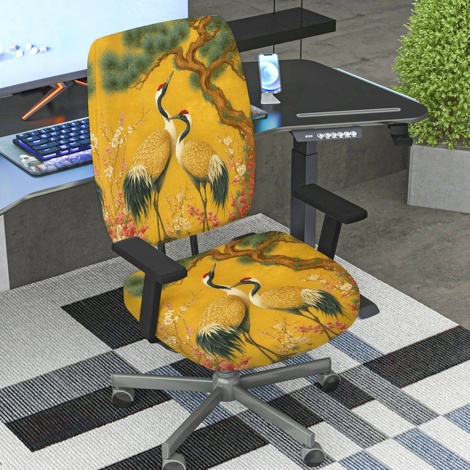 2-Piece Asian Crane Floral Tree Nature Art  Computer Chair Cover Set, Seat and Backrest