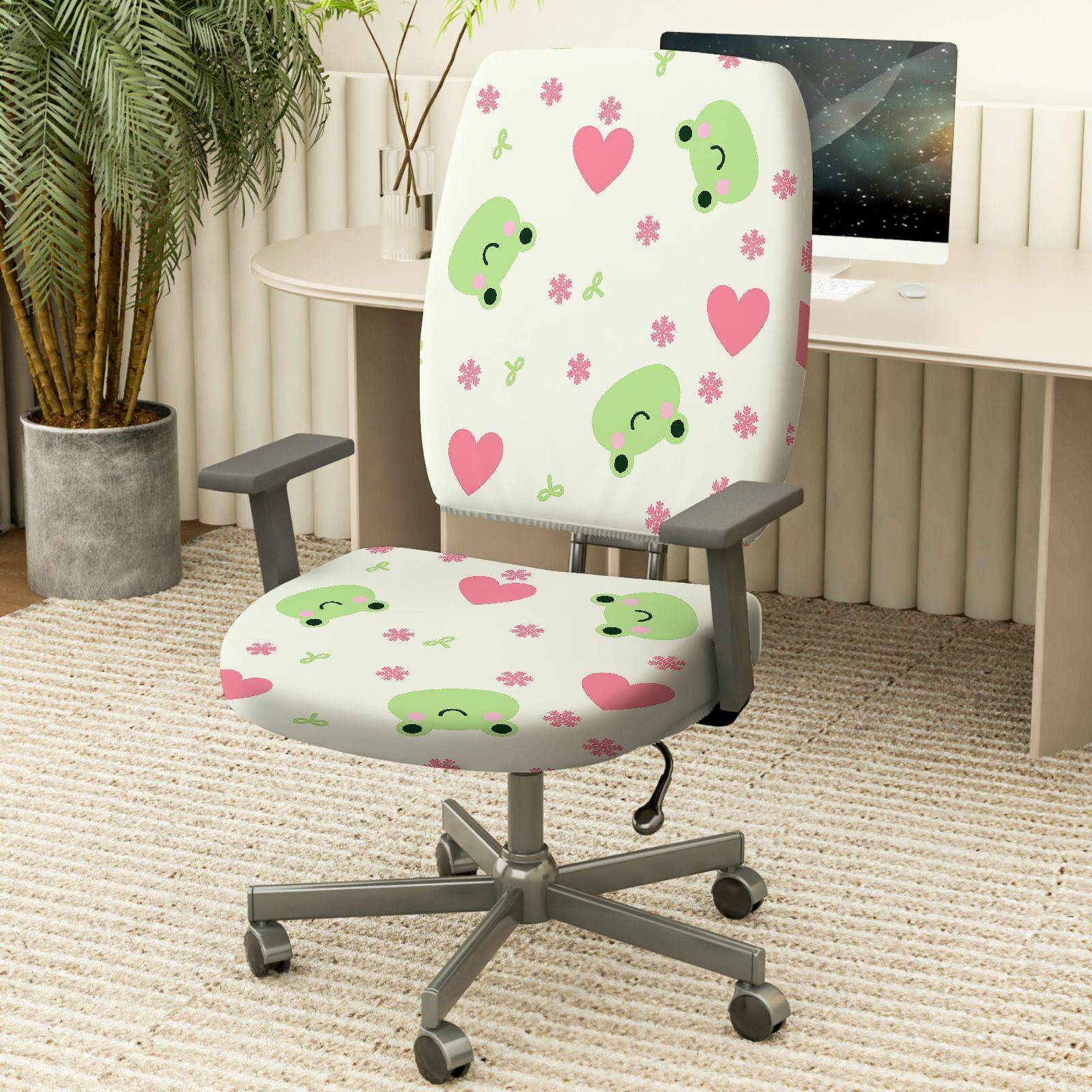2-Piece Cute Frog Heart Flower  Computer Chair Cover Set, Seat and Backrest