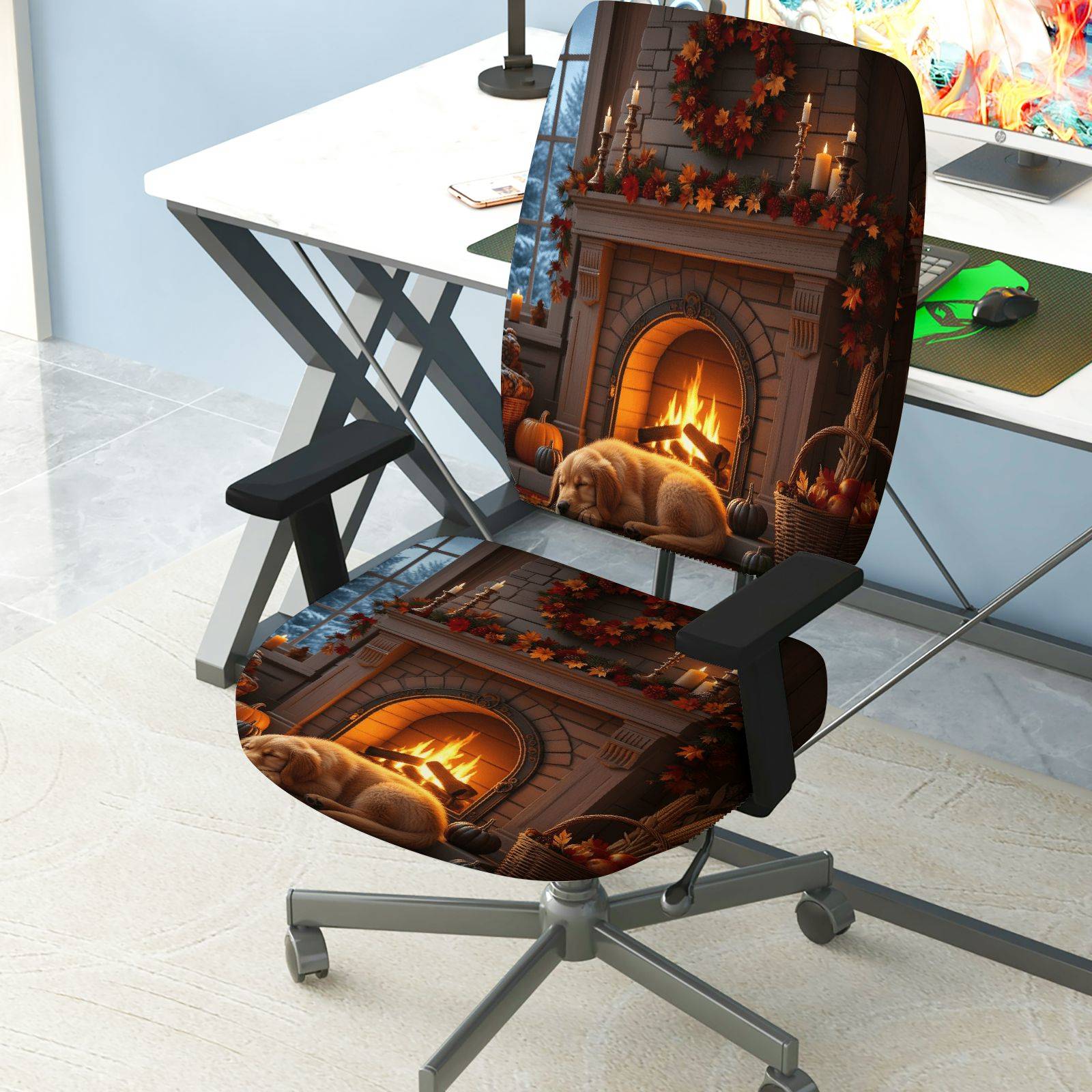 2-Piece Autumn Fireplace Warm Cozy Seasonal Decorative  Computer Chair Cover Set, Seat and Backrest