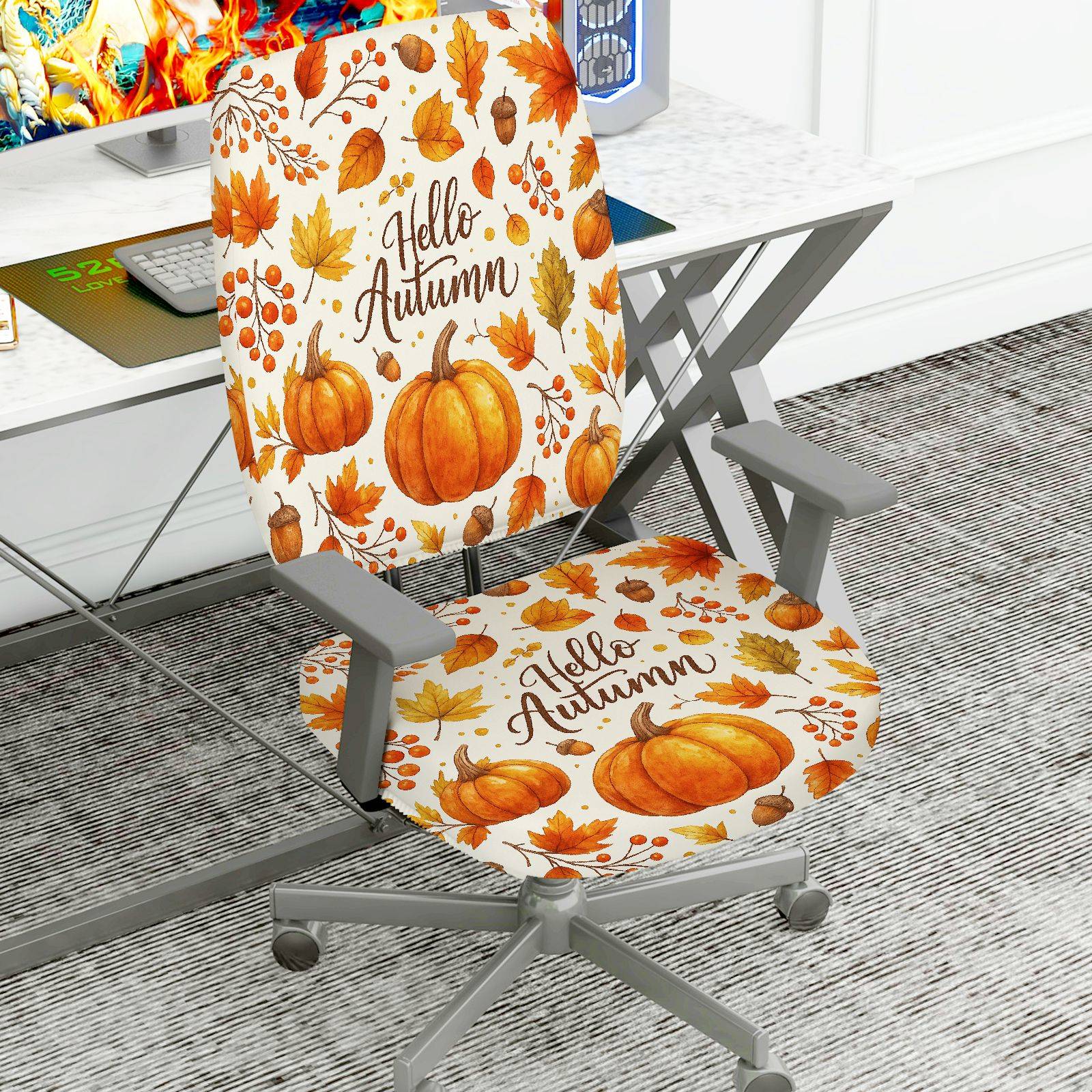 2-Piece Autumn Pumpkin Maple Leaves Acorn Fall  Computer Chair Cover Set, Seat and Backrest