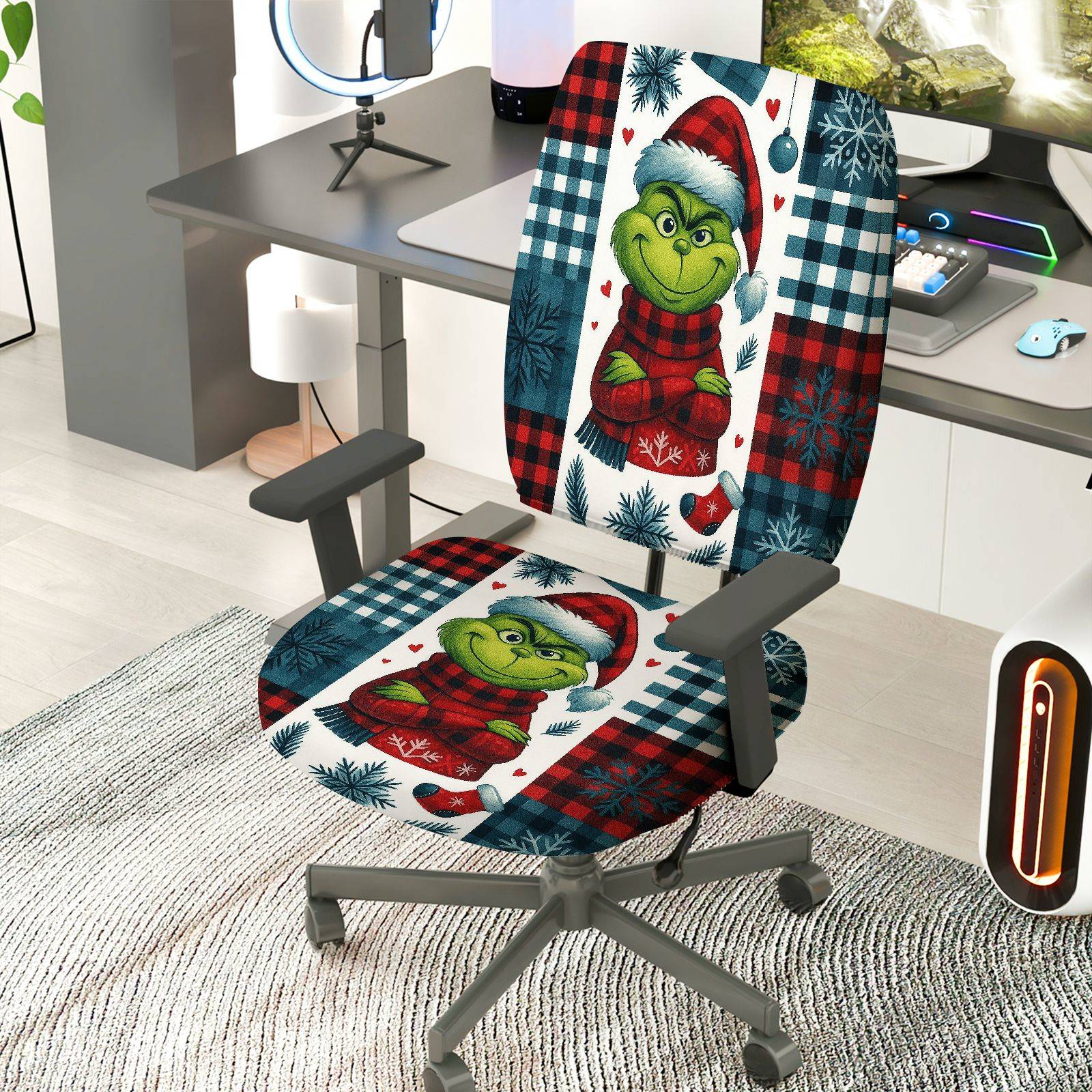 2-Piece Christmas Grinch Plaid Snowflake Holiday  Computer Chair Cover Set, Seat and Backrest