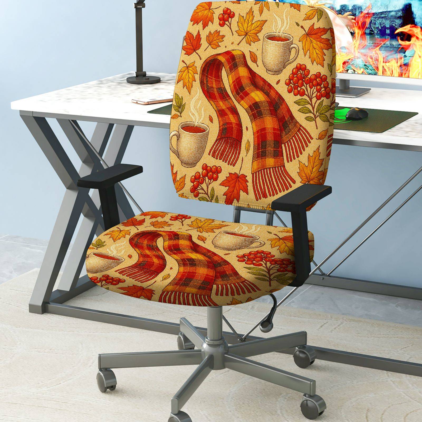 2-Piece Autumn Maple Leaves Coffee Scarf Cozy  Computer Chair Cover Set, Seat and Backrest