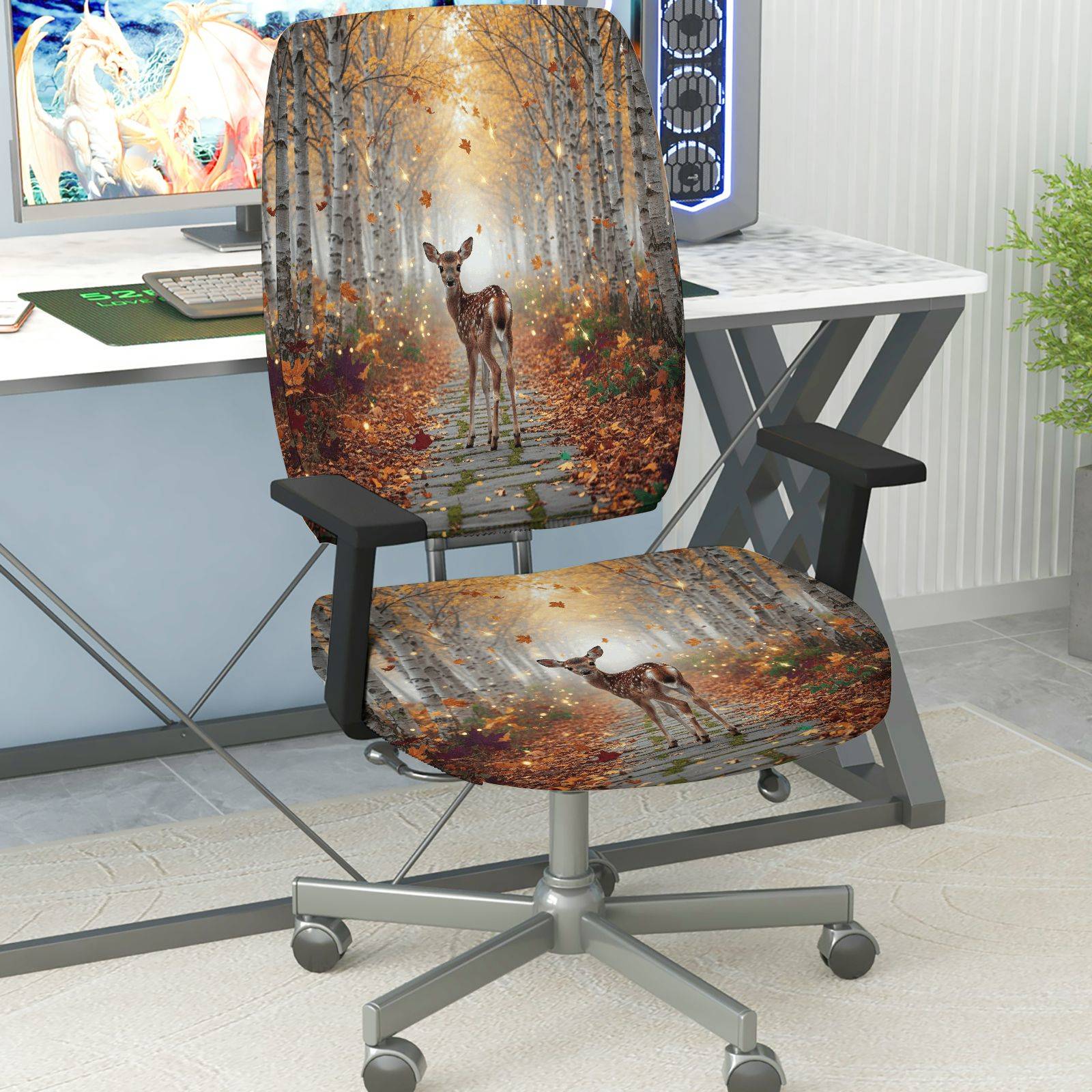 2-Piece Autumn Deer Forest Path Leaves Nature  Computer Chair Cover Set, Seat and Backrest