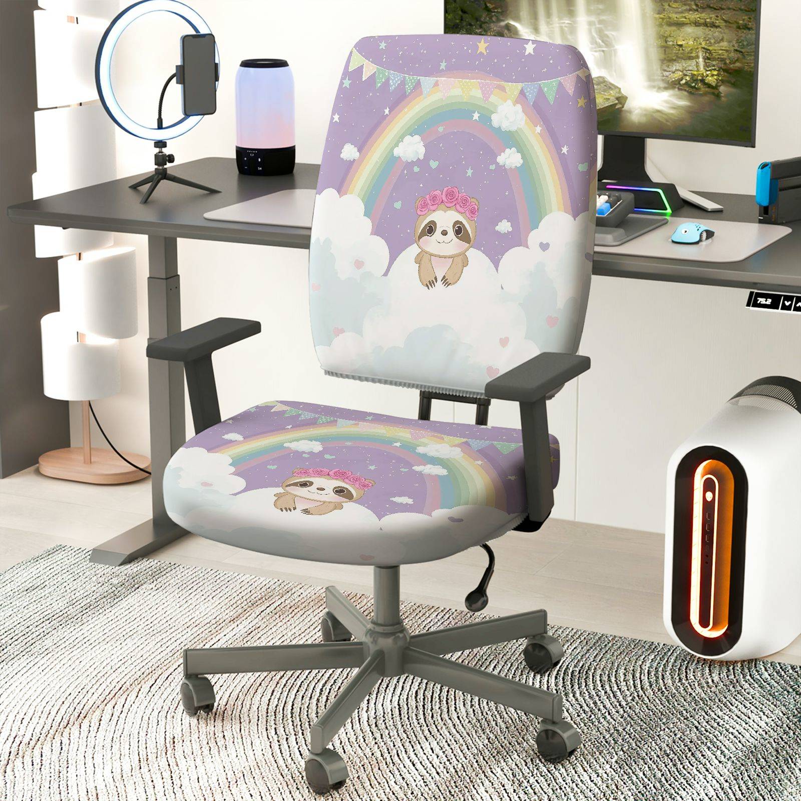 2-Piece Adorable Sloth Rainbow Cloud Cute Dreamy  Computer Chair Cover Set, Seat and Backrest