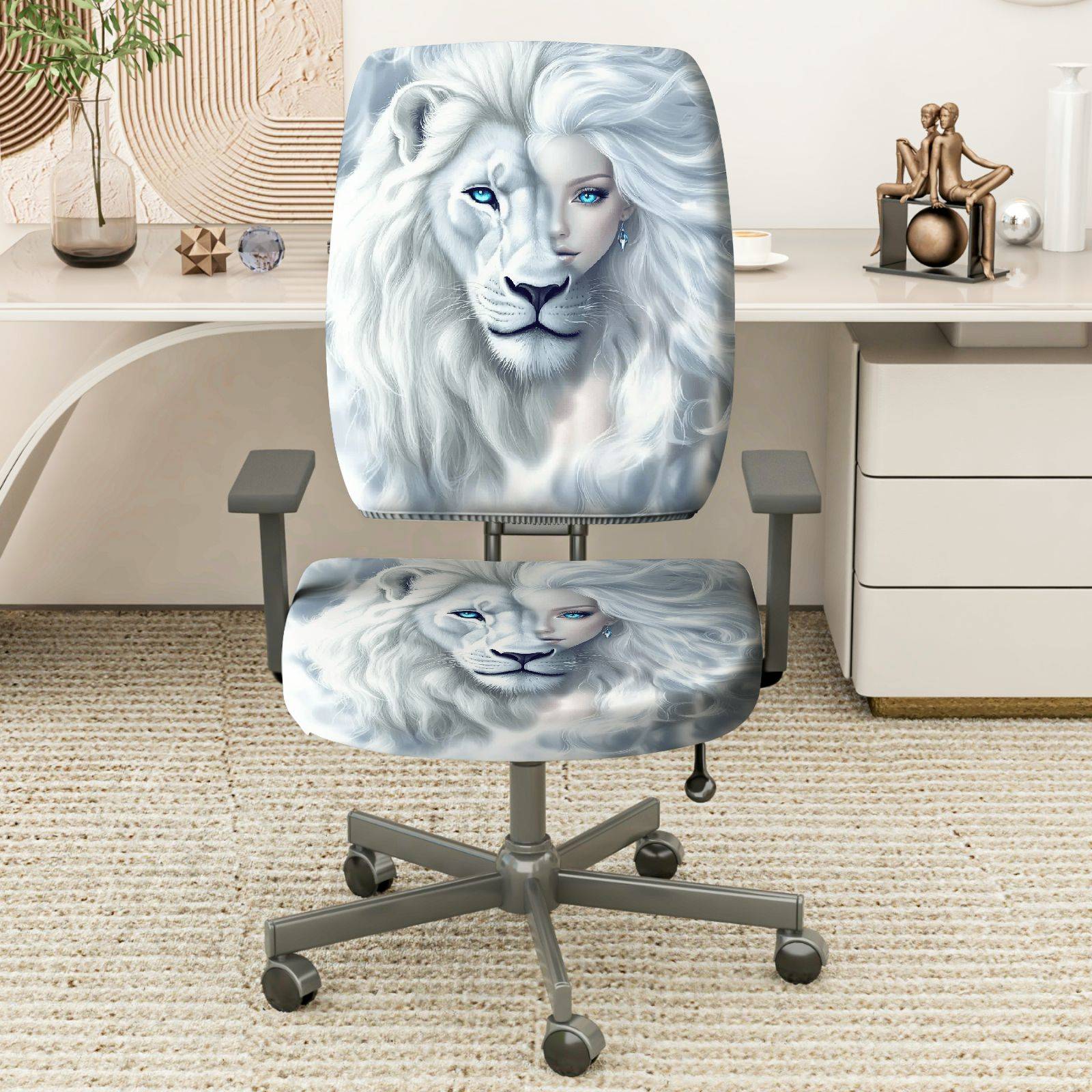 2-Piece White Lion Animal Print Artistic Elegant Bold  Computer Chair Cover Set, Seat and Backrest