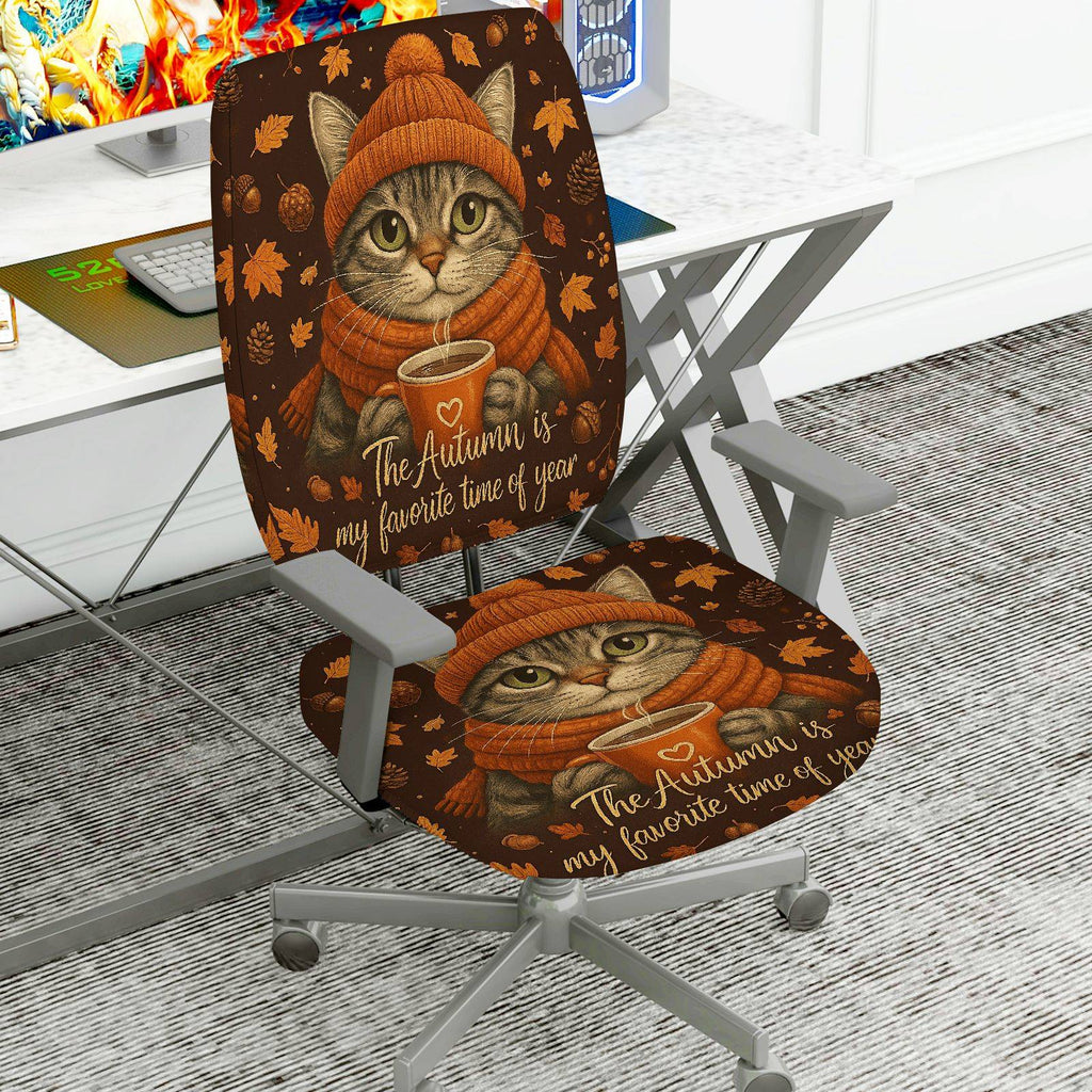 2-Piece Autumn Cat Coffee Leaves Cozy  Computer Chair Cover Set, Seat and Backrest