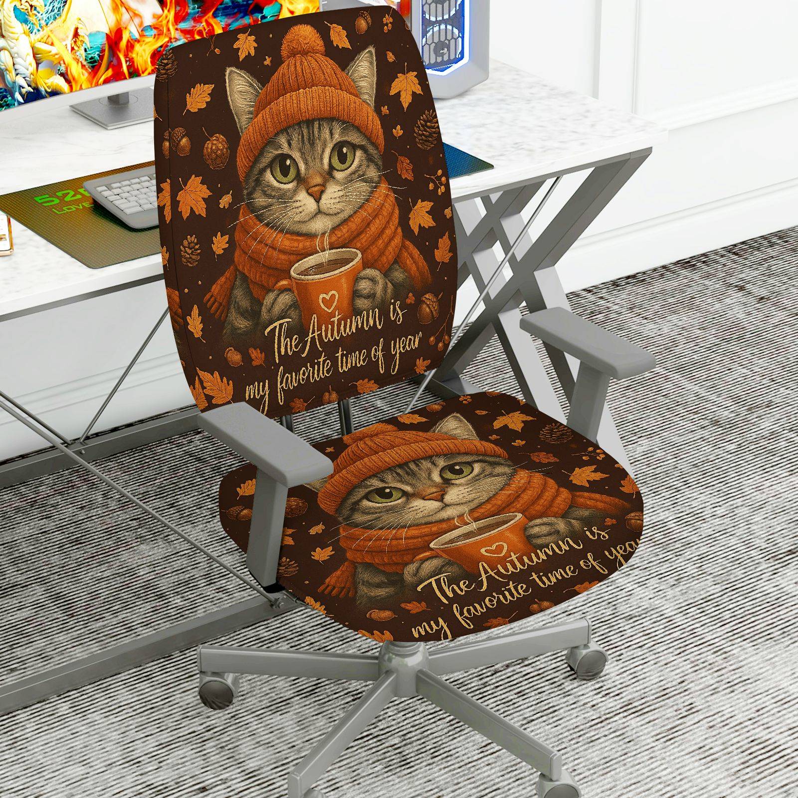 2-Piece Autumn Cat Coffee Leaves Cozy  Computer Chair Cover Set, Seat and Backrest