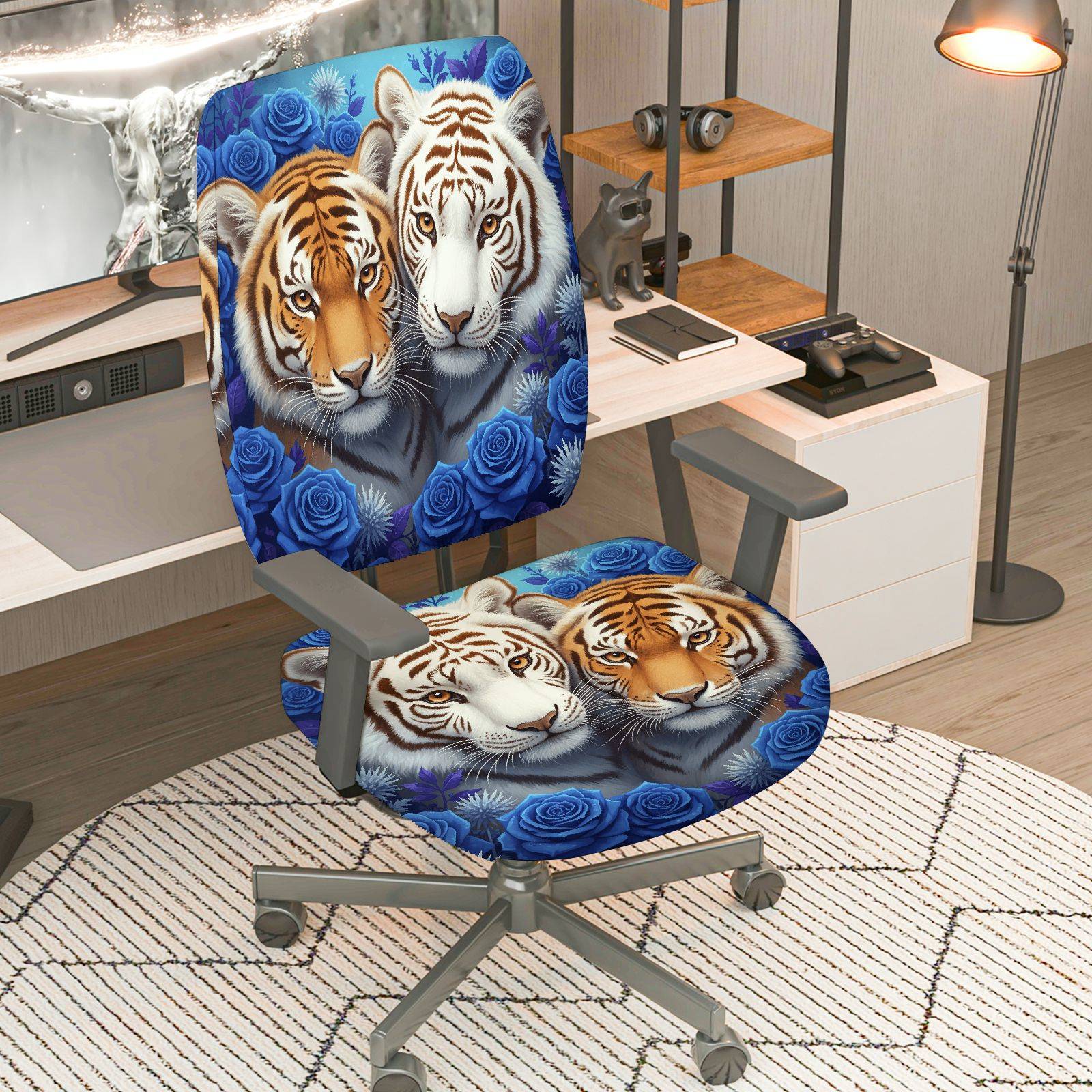 2-Piece Tiger Floral Animal Print Blue Roses  Computer Chair Cover Set, Seat and Backrest