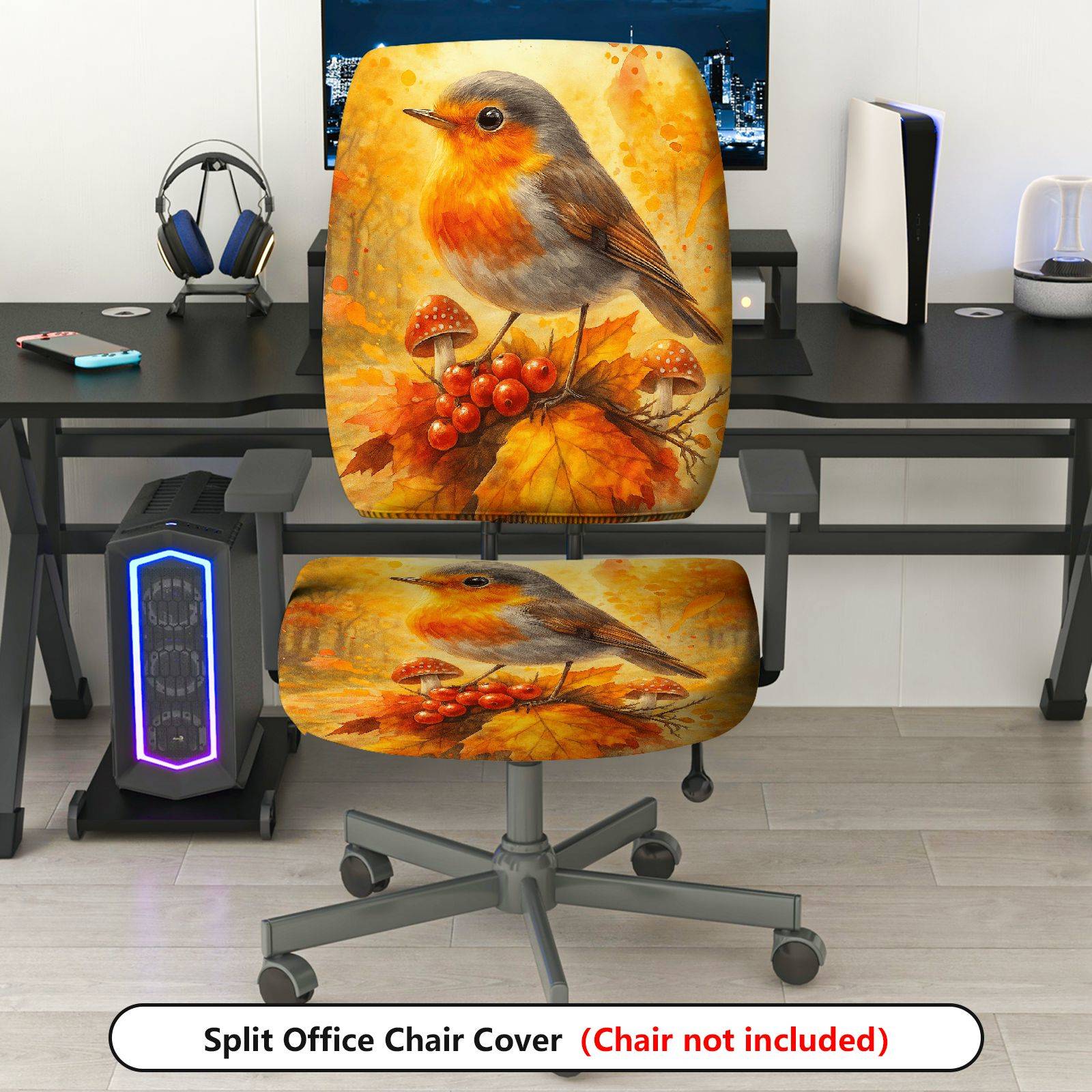 2-Piece Autumn Bird Mushroom Nature Artistic  Computer Chair Cover Set, Seat and Backrest
