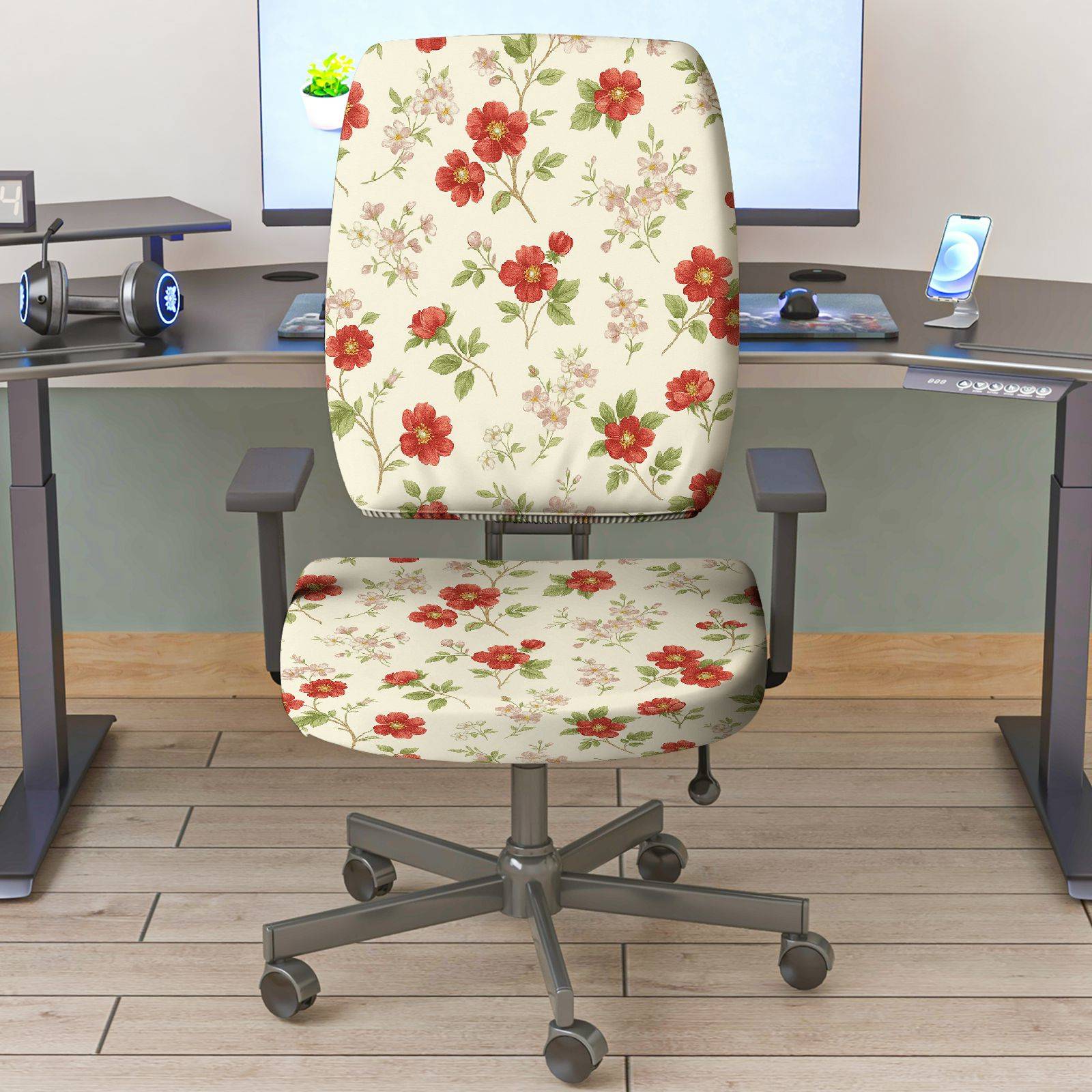 2-Piece Floral Pattern Red Flower  Computer Chair Cover Set, Seat and Backrest