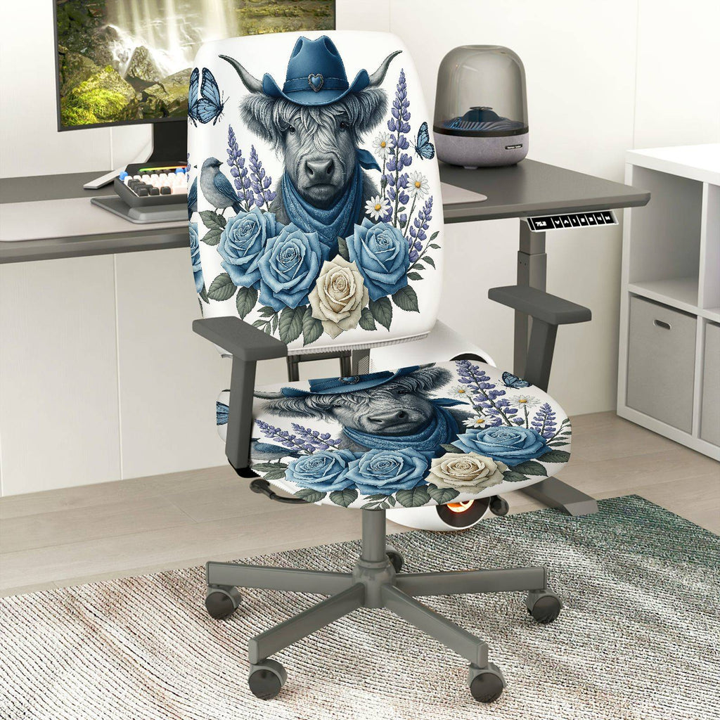 2-Piece Cowboy Blue Floral Animal Farm  Computer Chair Cover Set, Seat and Backrest