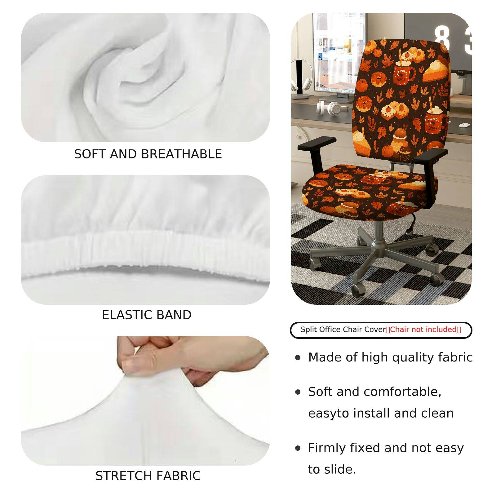 2-Piece Autumn Pumpkin Thanksgiving Dessert Coffee  Computer Chair Cover Set, Seat and Backrest