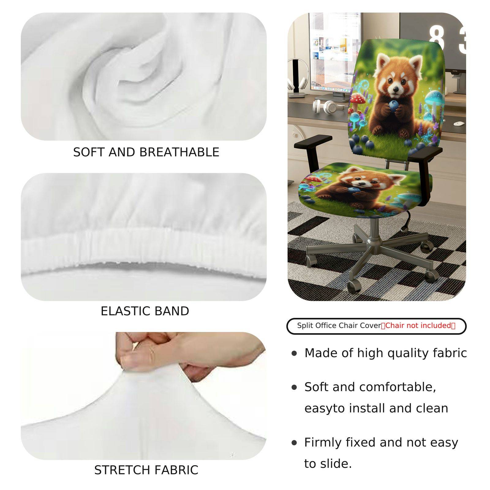 2-Piece Animal Cute Red Panda Mushroom  Computer Chair Cover Set, Seat and Backrest