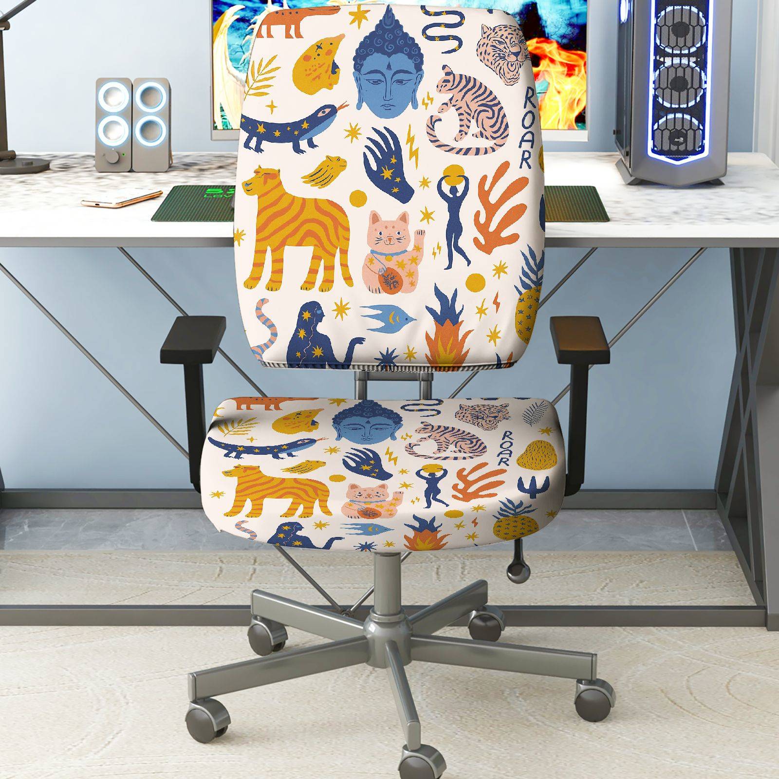 2-Piece Animal Jungle Wildlife Decorative  Computer Chair Cover Set, Seat and Backrest