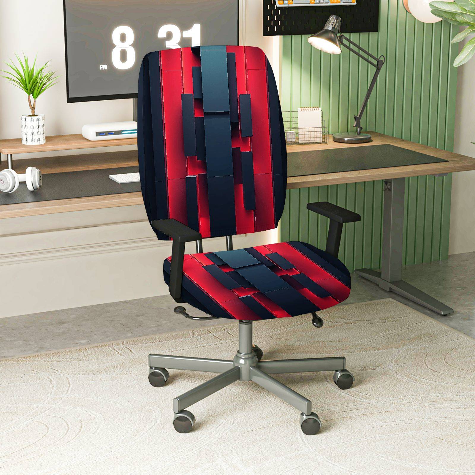 2-Piece Modern Geometric Red Black Stylish  Computer Chair Cover Set, Seat and Backrest