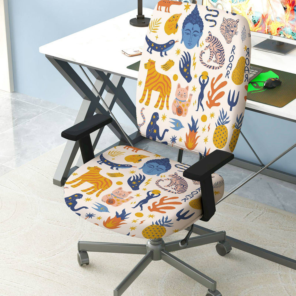 2-Piece Animal Jungle Wildlife Decorative  Computer Chair Cover Set, Seat and Backrest