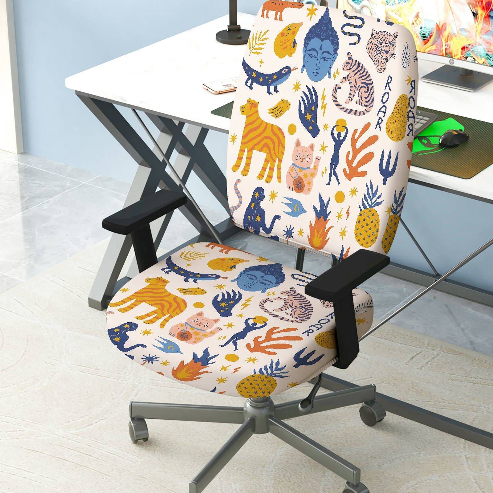 2-Piece Animal Jungle Wildlife Decorative  Computer Chair Cover Set, Seat and Backrest