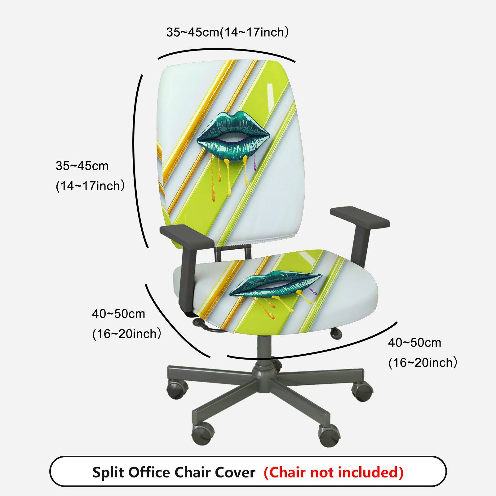 2-Piece Artistic Colorful Lips Stripes Green Yellow Print  Computer Chair Cover Set, Seat and Backrest