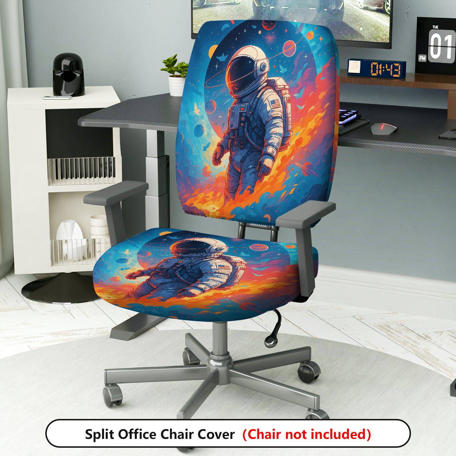 2-Piece Astronaut Galaxy Space Planets Stars  Computer Chair Cover Set, Seat and Backrest