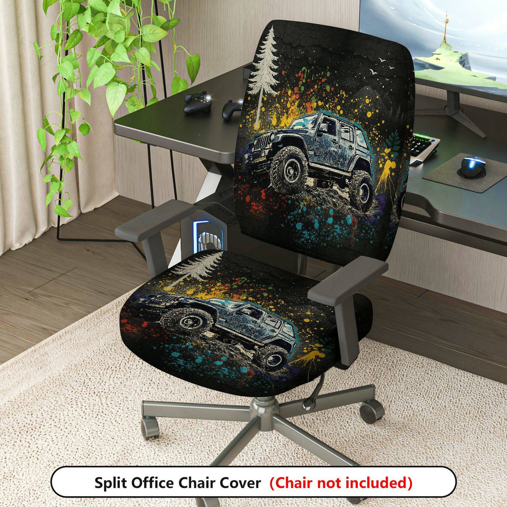 2-Piece Adventure Off-road Vehicle Mountain Forest Graffiti  Computer Chair Cover Set, Seat and Backrest