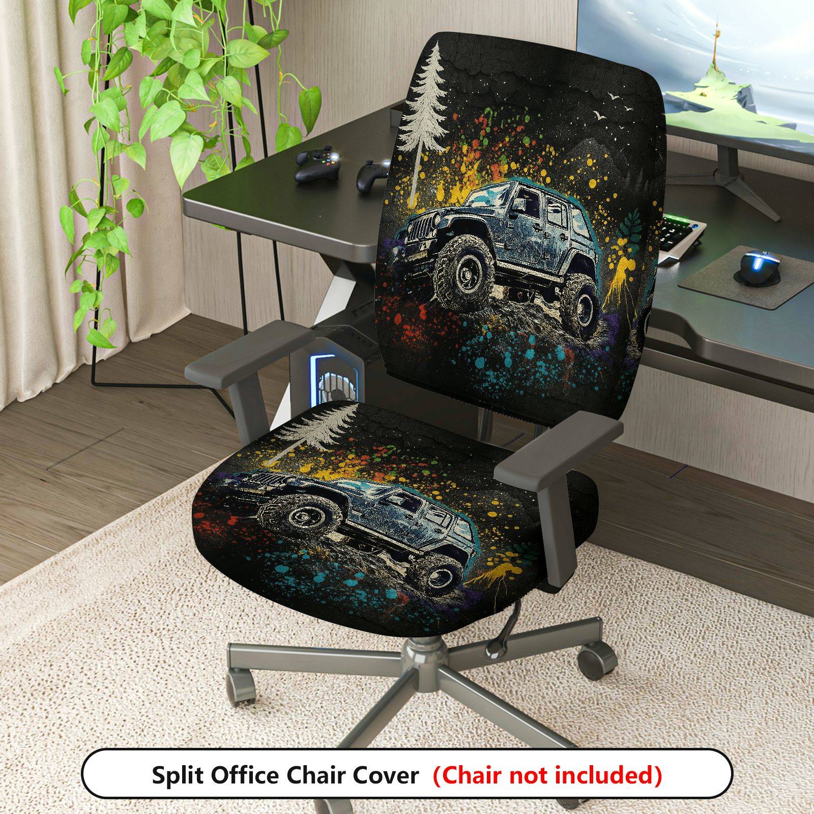 2-Piece Adventure Off-road Vehicle Mountain Forest Graffiti  Computer Chair Cover Set, Seat and Backrest