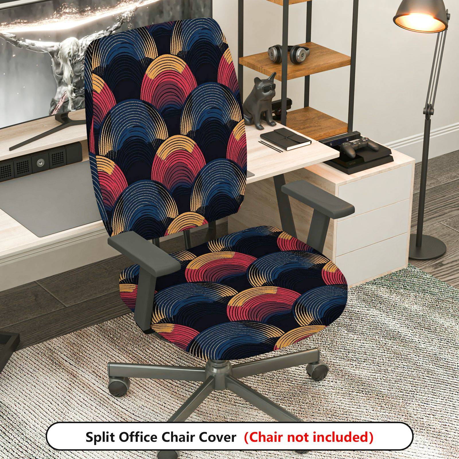 2-Piece Multicolor Geometric Wave Art Design  Computer Chair Cover Set, Seat and Backrest
