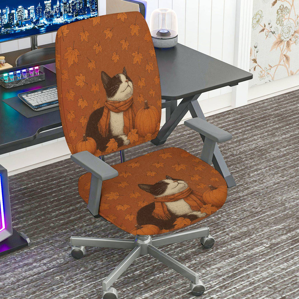 2-Piece Autumn Cat Pumpkin Leaves Thanksgiving  Computer Chair Cover Set, Seat and Backrest