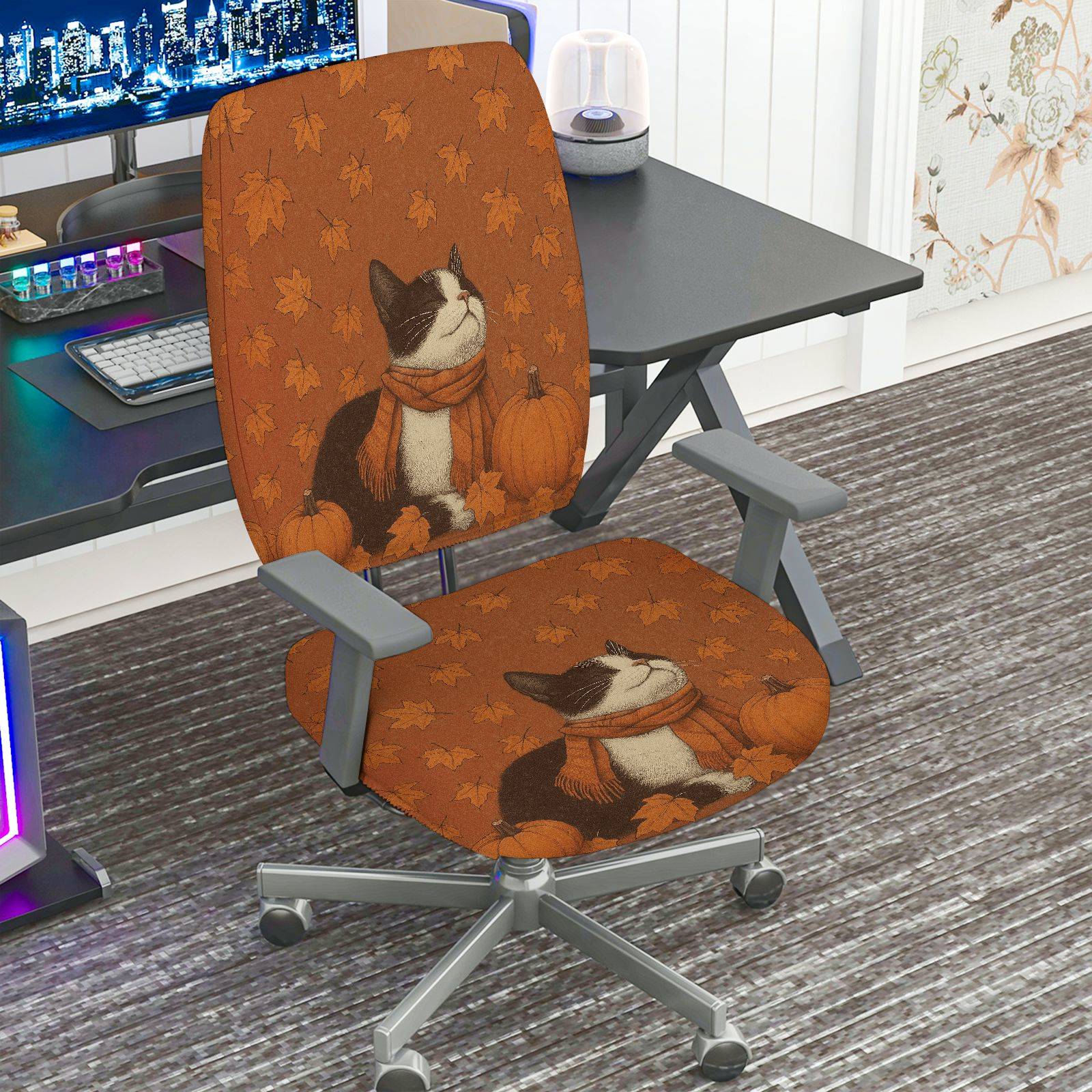 2-Piece Autumn Cat Pumpkin Leaves Thanksgiving  Computer Chair Cover Set, Seat and Backrest
