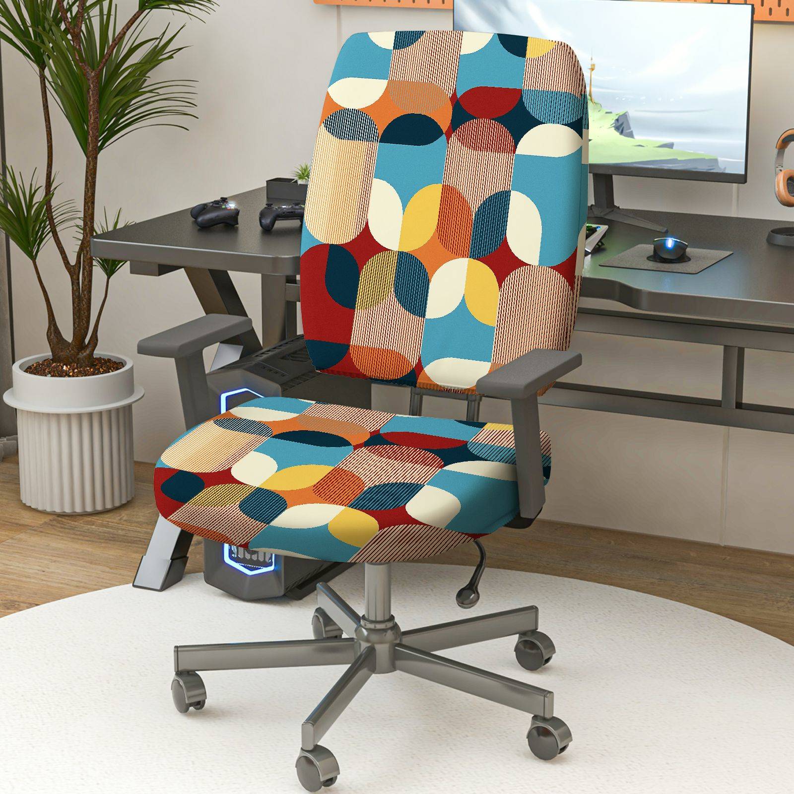 2-Piece Modern Colorful Geometric Pattern  Computer Chair Cover Set, Seat and Backrest