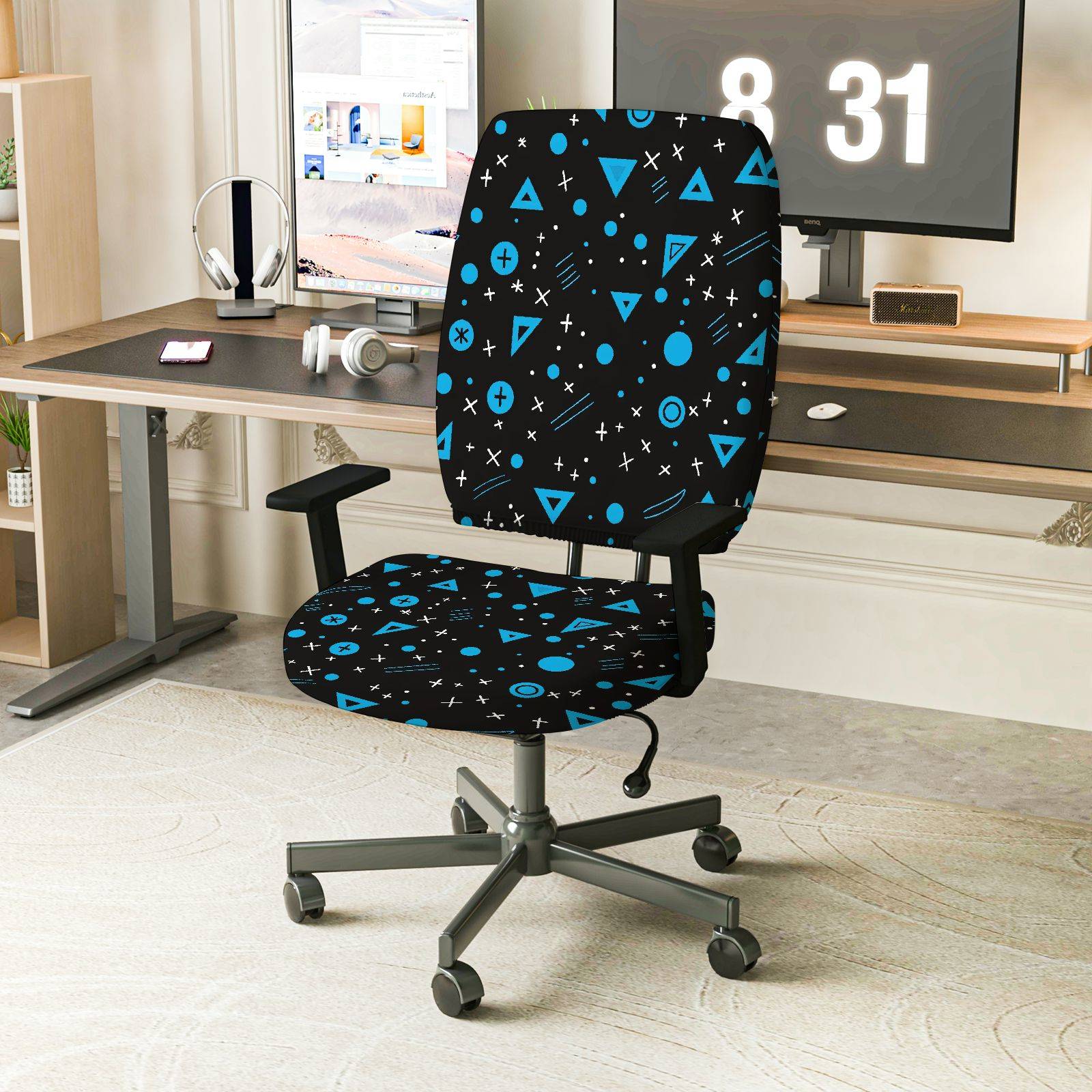 2-Piece Geometric Black Blue  Computer Chair Cover Set, Seat and Backrest
