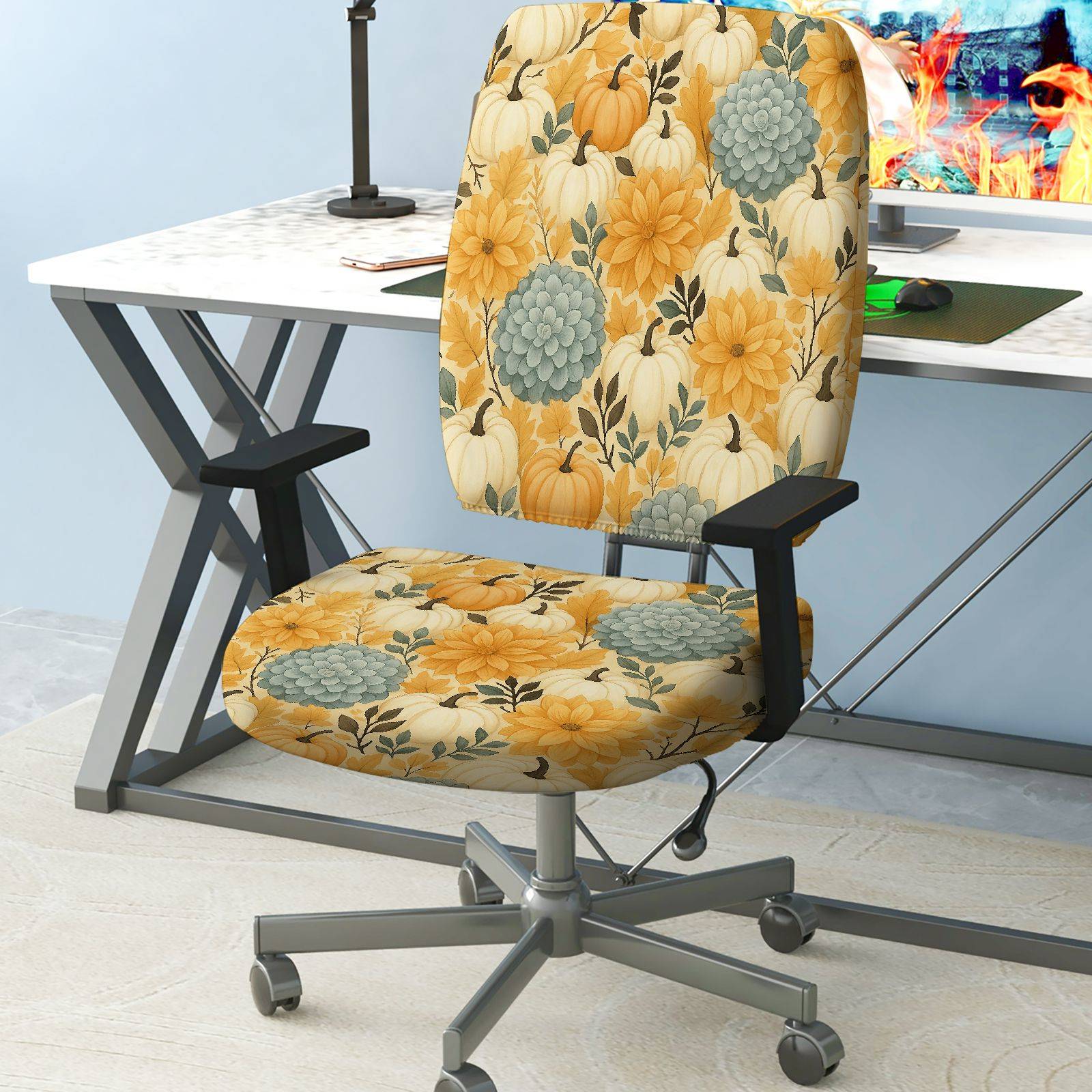 2-Piece Autumn Thanksgiving Floral Pumpkin Succulent  Computer Chair Cover Set, Seat and Backrest