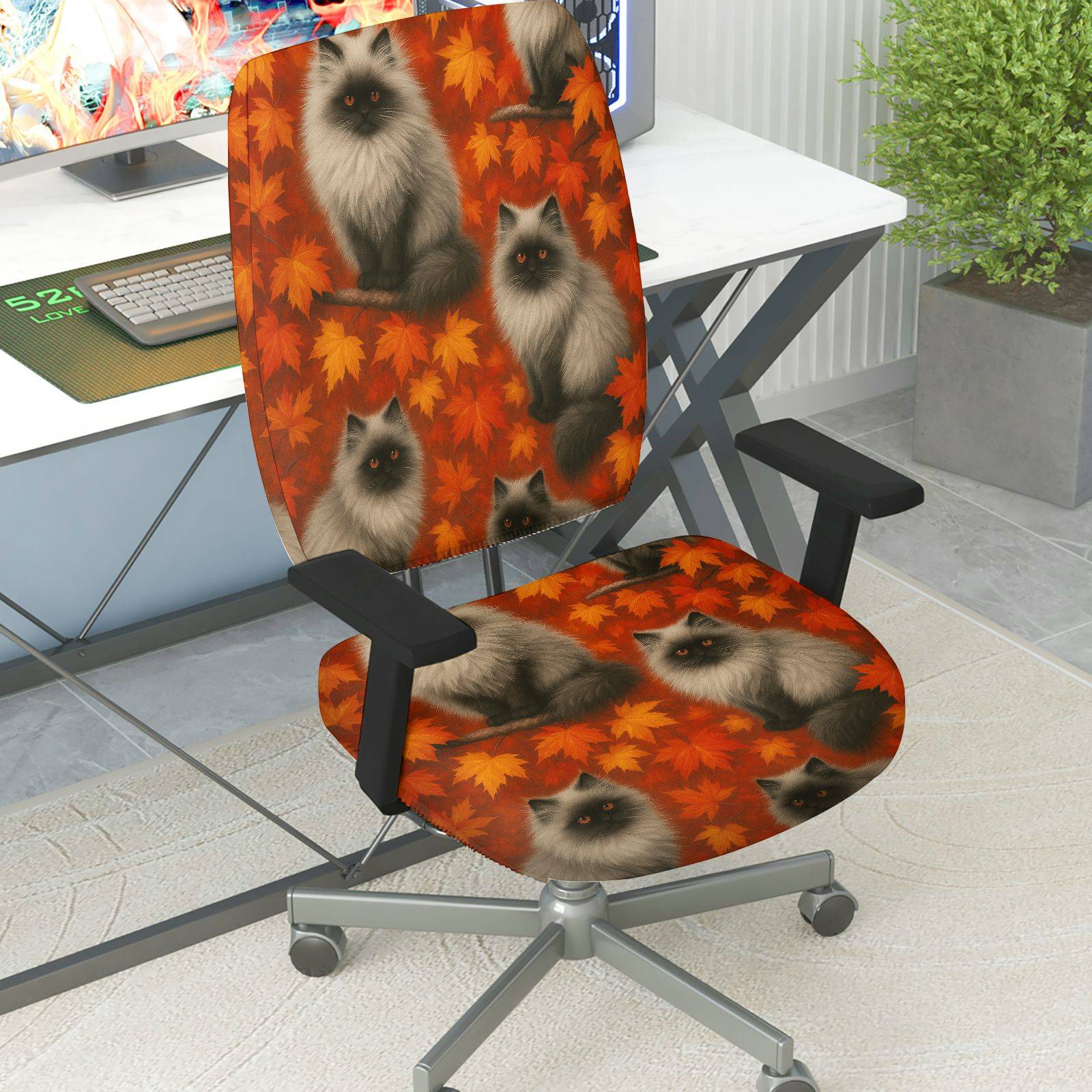 2-Piece Autumn Cats Leaves Pattern  Computer Chair Cover Set, Seat and Backrest