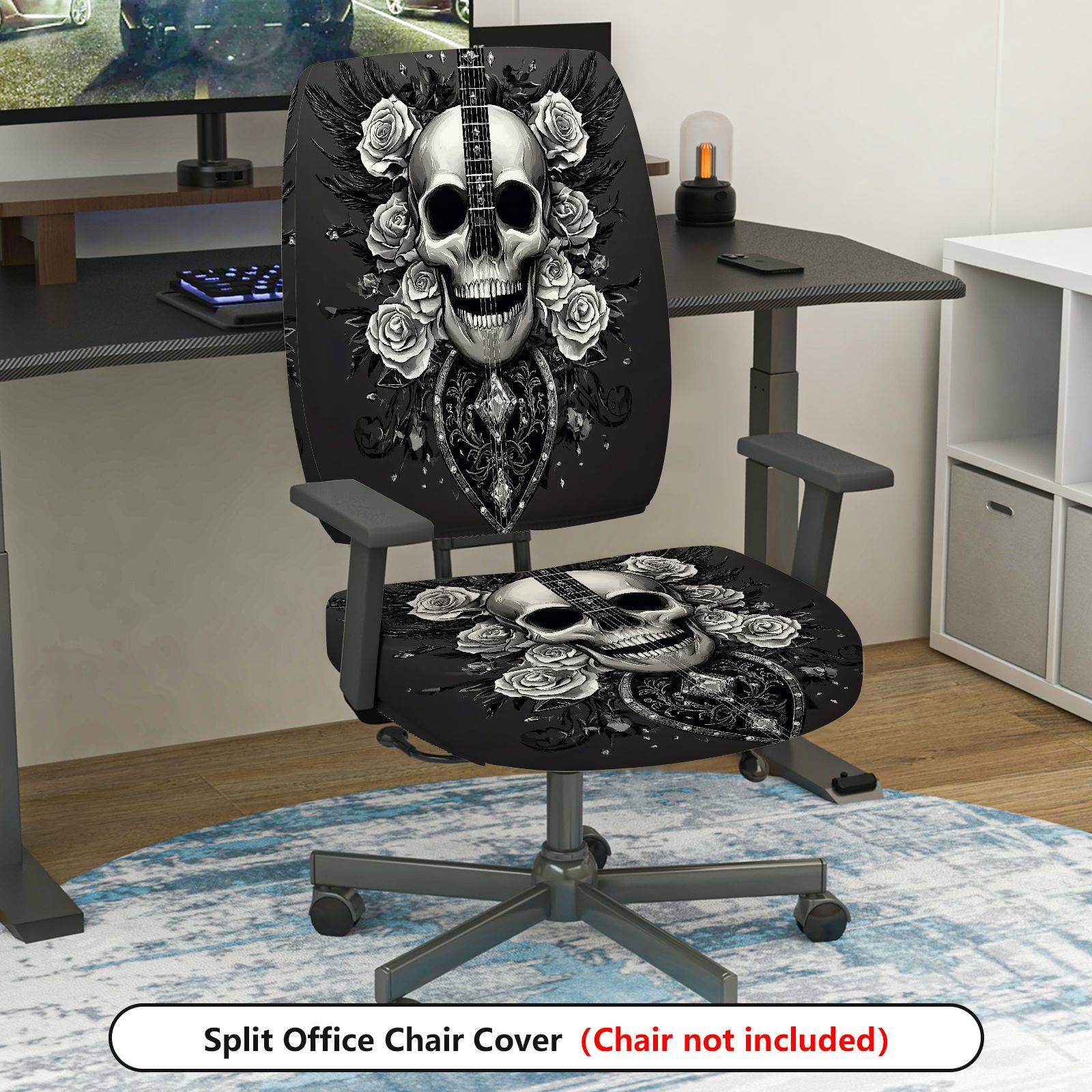 2-Piece Black Floral Gothic Rose Heart Design  Computer Chair Cover Set, Seat and Backrest
