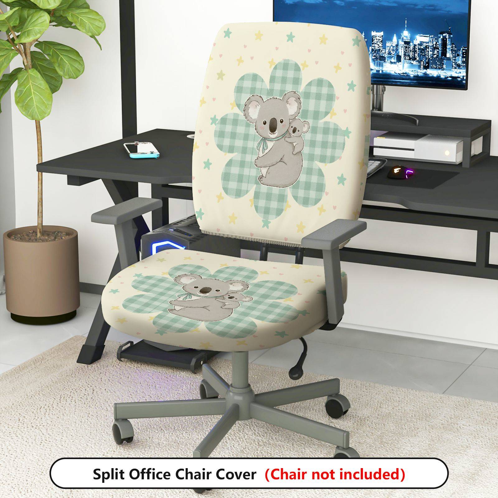 2-Piece Animal Star Plaid Koala  Computer Chair Cover Set, Seat and Backrest