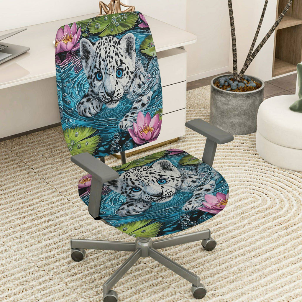 2-Piece Animal Print Floral Water Lily Leopard  Computer Chair Cover Set, Seat and Backrest