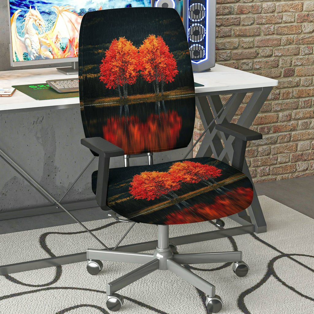 2-Piece Autumn Tree Lake Reflection Scenic  Computer Chair Cover Set, Seat and Backrest