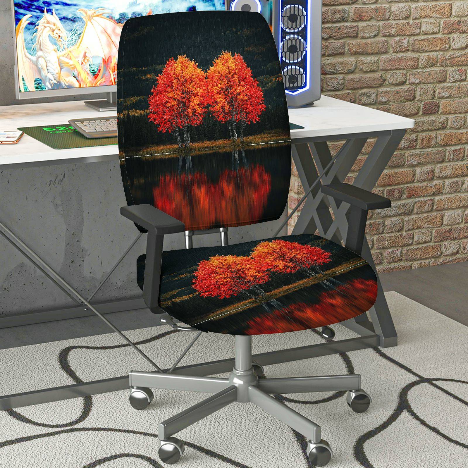 2-Piece Autumn Tree Lake Reflection Scenic  Computer Chair Cover Set, Seat and Backrest