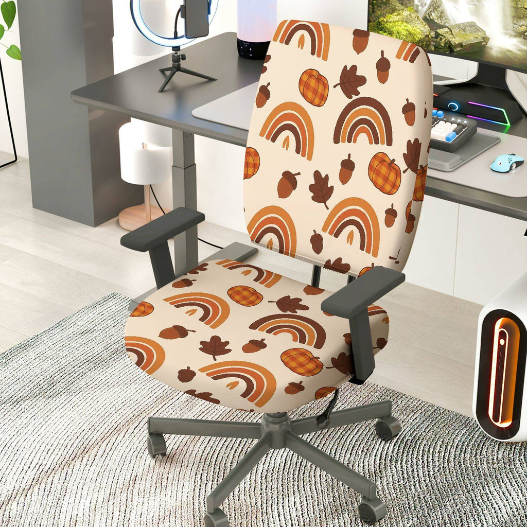 2-Piece Autumn Pumpkin Acorn Rainbow Leaves Thanksgiving  Computer Chair Cover Set, Seat and Backrest