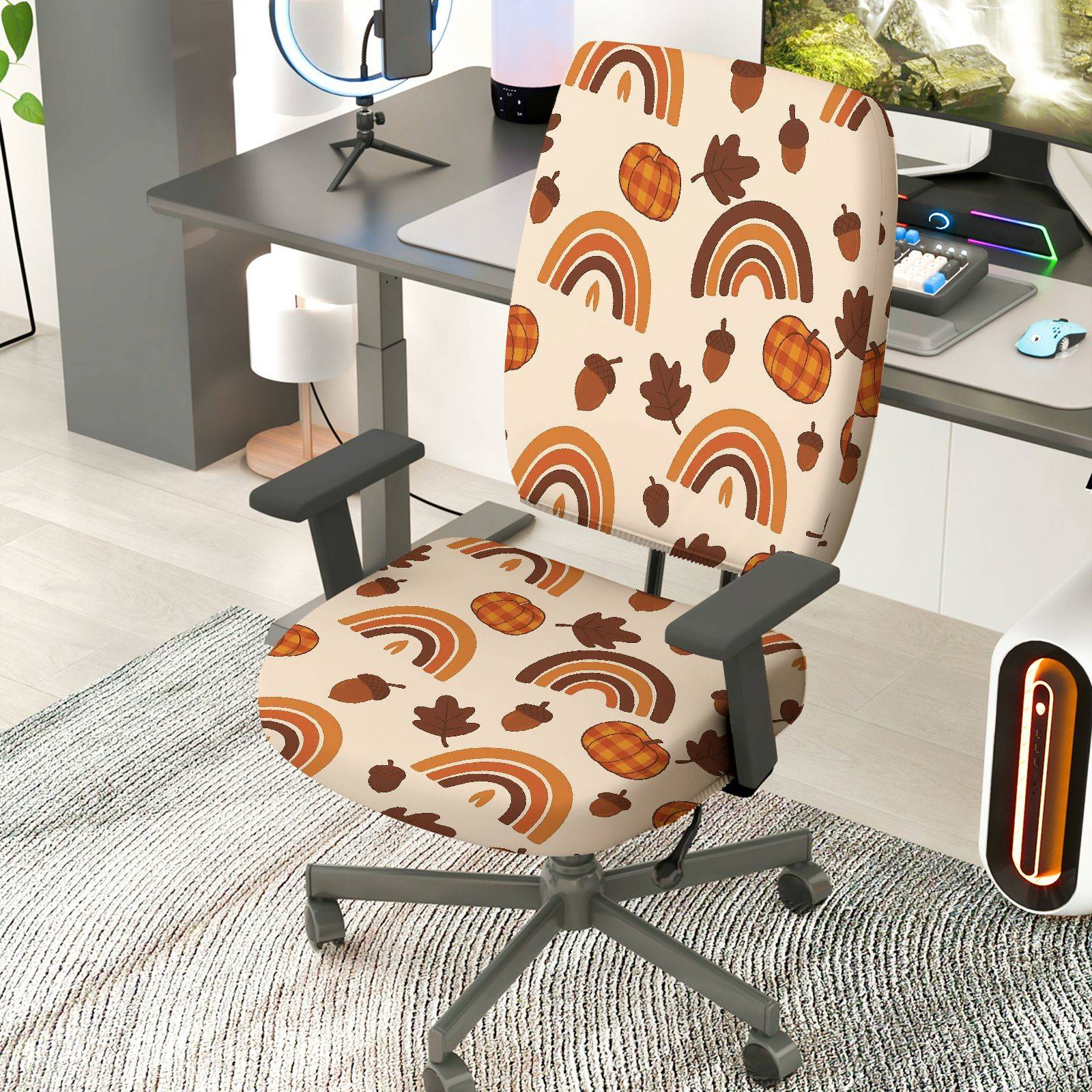 2-Piece Autumn Pumpkin Acorn Rainbow Leaves Thanksgiving  Computer Chair Cover Set, Seat and Backrest
