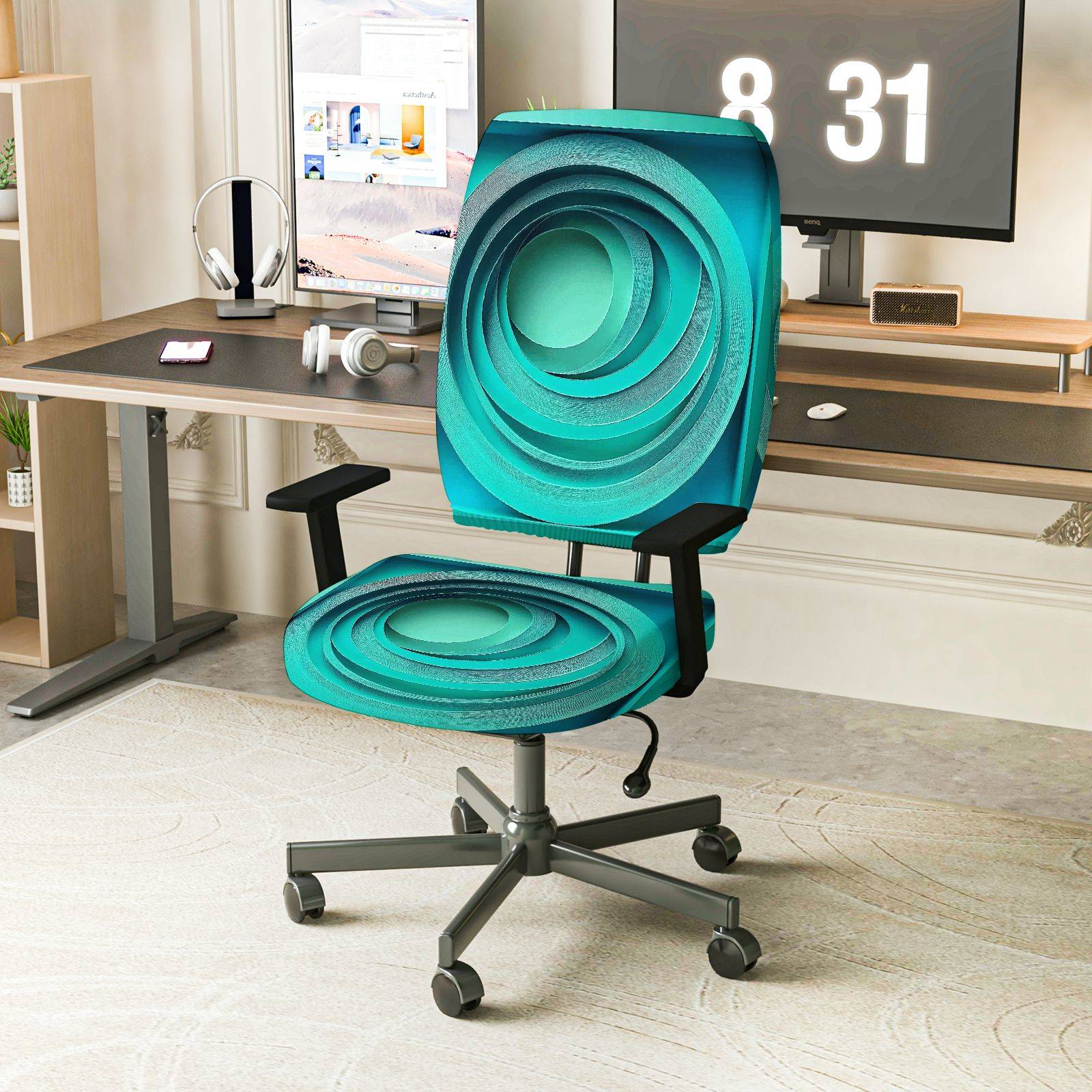 2-Piece Modern Geometric Art Decor Turquoise Swirl  Computer Chair Cover Set, Seat and Backrest