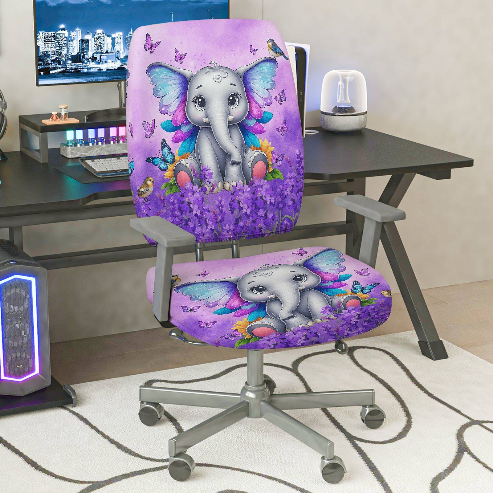 2-Piece Cute Elephant Butterfly Floral Animal Fantasy Purple  Computer Chair Cover Set, Seat and Backrest